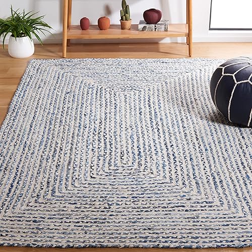 SAFAVIEH Braided Collection Area Rug - 5' x 8', Blue & Ivory, Handmade Farmhouse Cotton, Ideal for High Traffic Areas in Living Room, Bedroom (BRD260M)