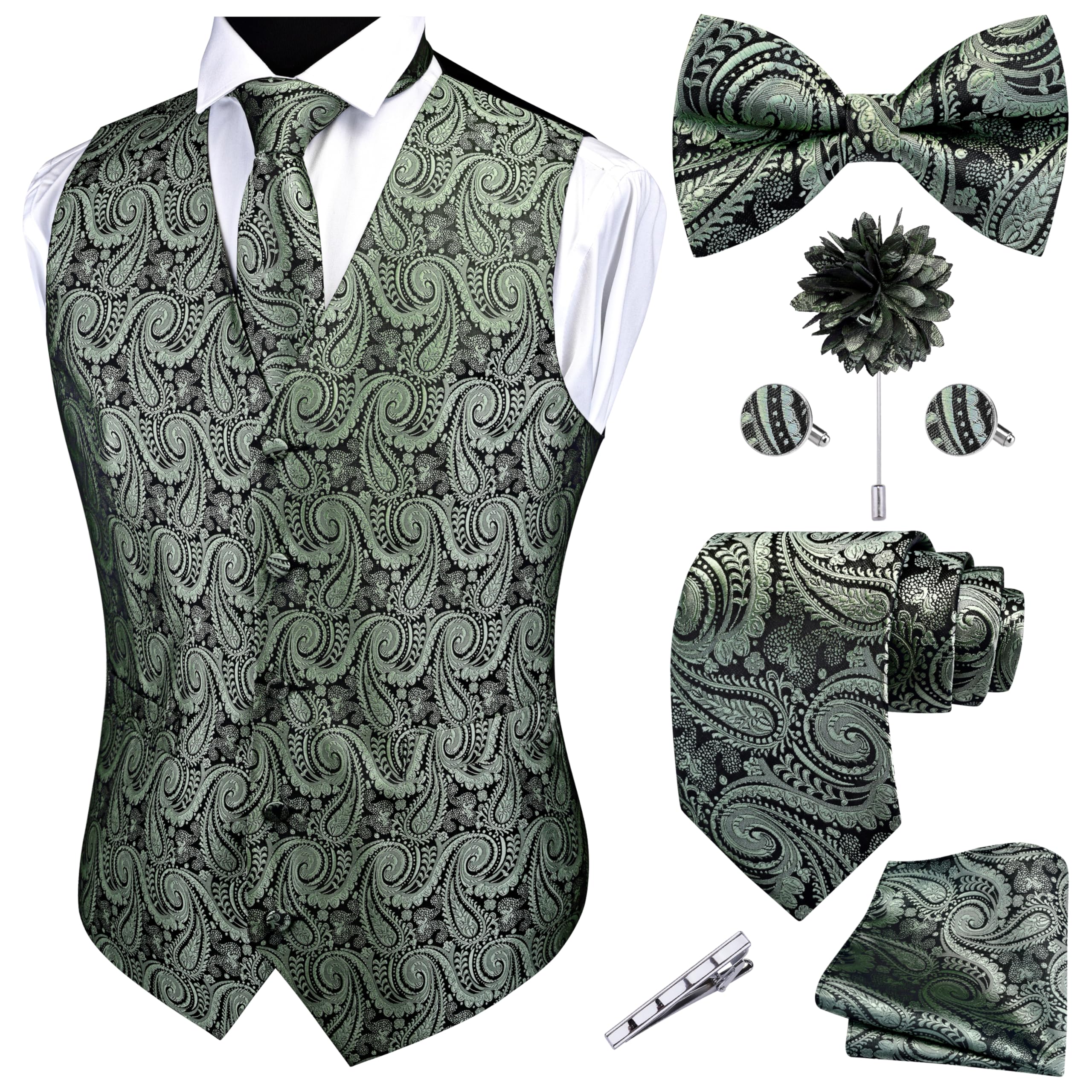GUSLESON Formal Men Vest Paisley Floral Jacquard Tie Waistcoat Bow tie Hanky Lapel Pin Cufflinks Set Wedding 7PCS