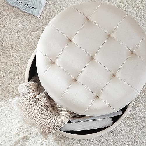 Miniatura 3 de Ornavo Home Donovan - Otomana redonda de almacenamiento con tapa extraíble para sala de estar y dormitorio, terciopelo crema