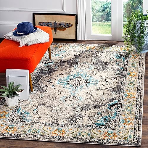 Miniatura 1 de Safavieh Tapete de área, colección Monaco, 6 pies 7 pulgadas x 9 pies y 2 pulgadas, diseño de medallón, gris y celeste, no desprende pelusa y de