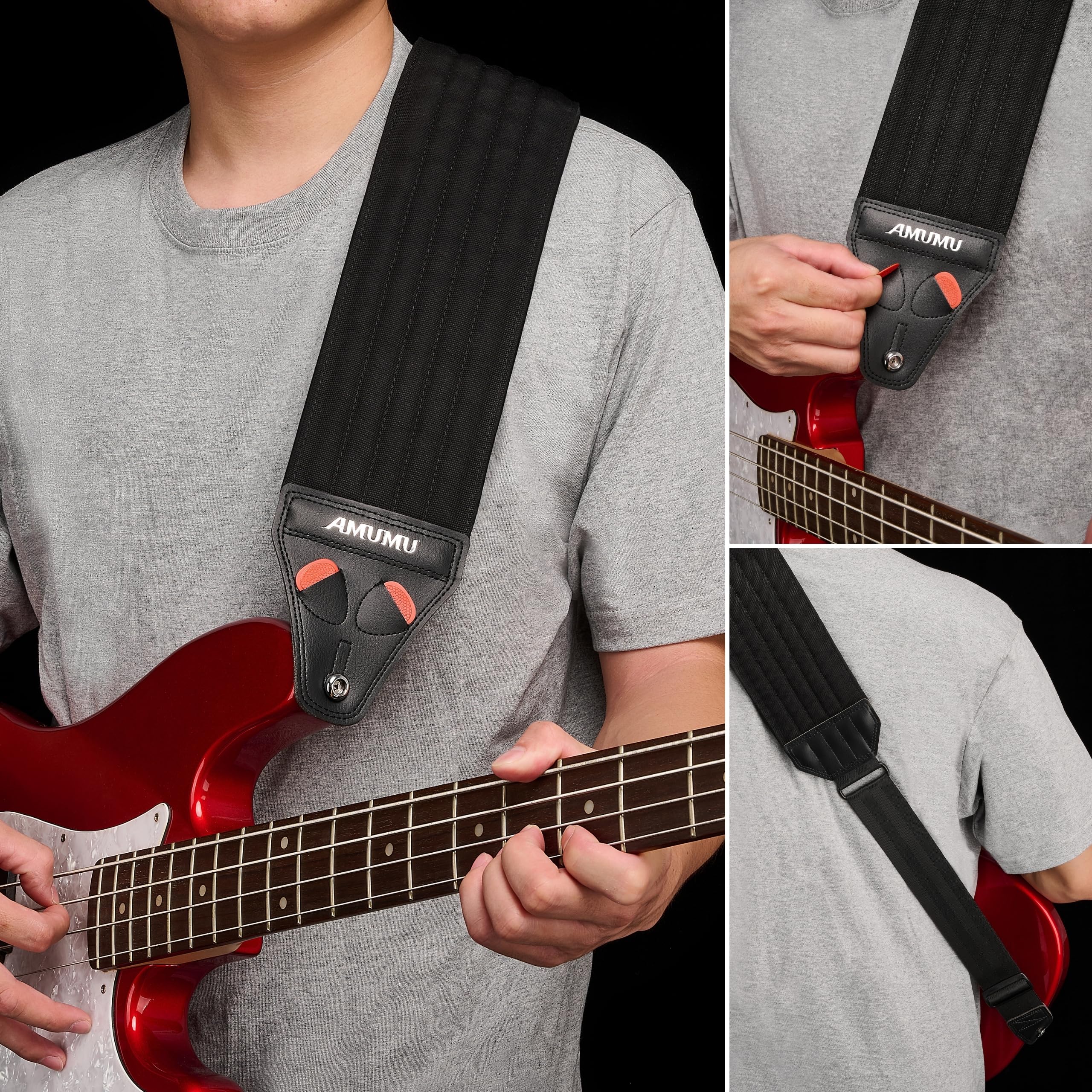 Amumu AIRAFT Bass & Guitar Strap 4'' Ultra Wide - 0,7'' Thick Breathable Convex 3D Air Cell Cushions - Neoprenowe wyściełanie - Black'