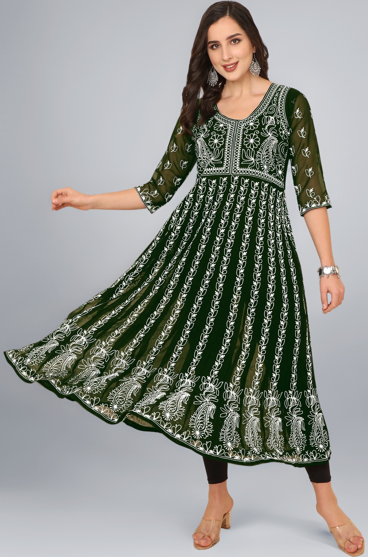 EthnicJunction Women's Georgette Regular Fit Anarkali Chikankari Embroidered Eid Special Kurta | Eid Outfits