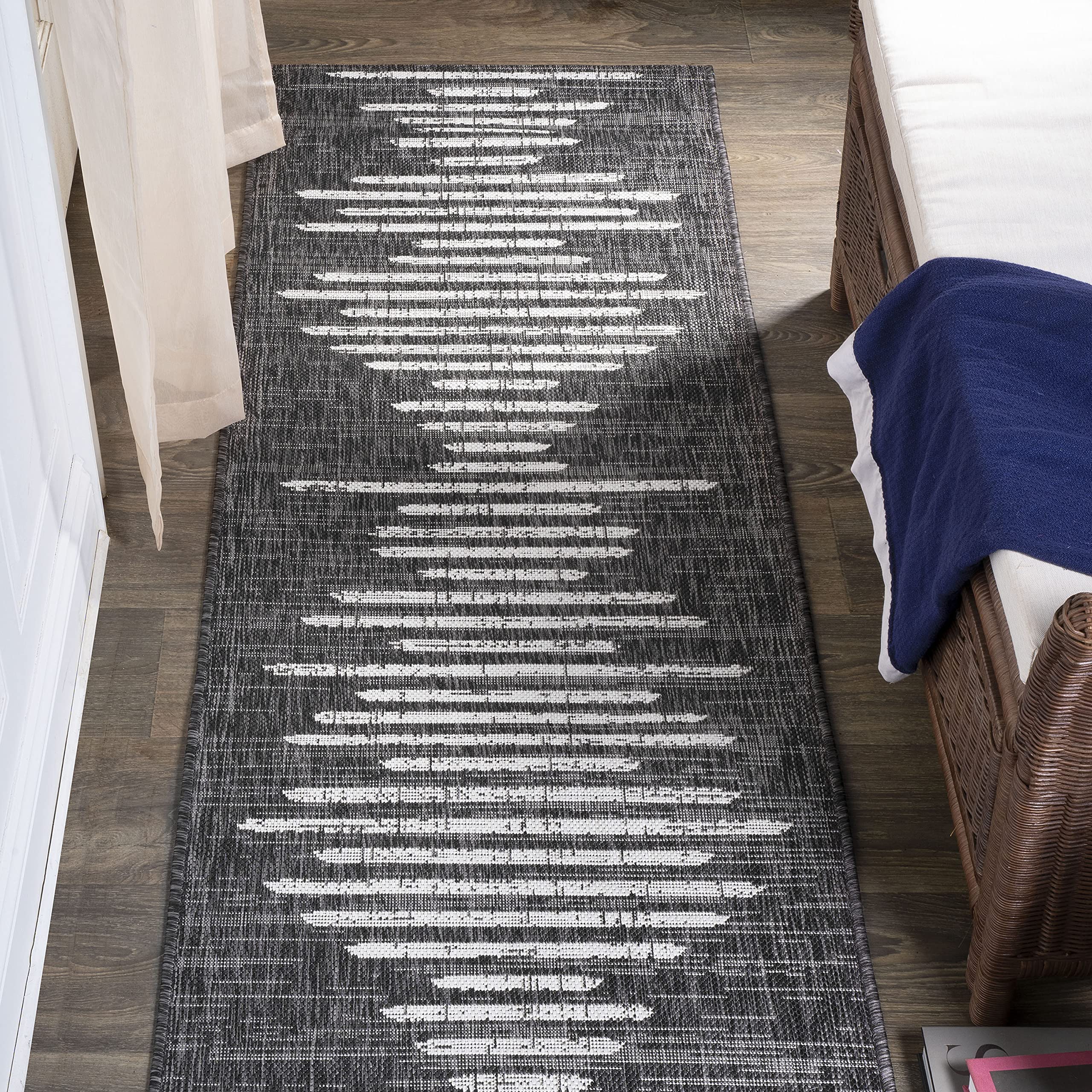 JONATHAN Y SMB124E-28 Zolak Berber Stripe Geometric Indoor Outdoor Area-Rug Bohemian Contemporary Easy-Cleaning Bedroom Kitchen Backyard Patio Non Shedding, 2 X 8, Black/Ivory