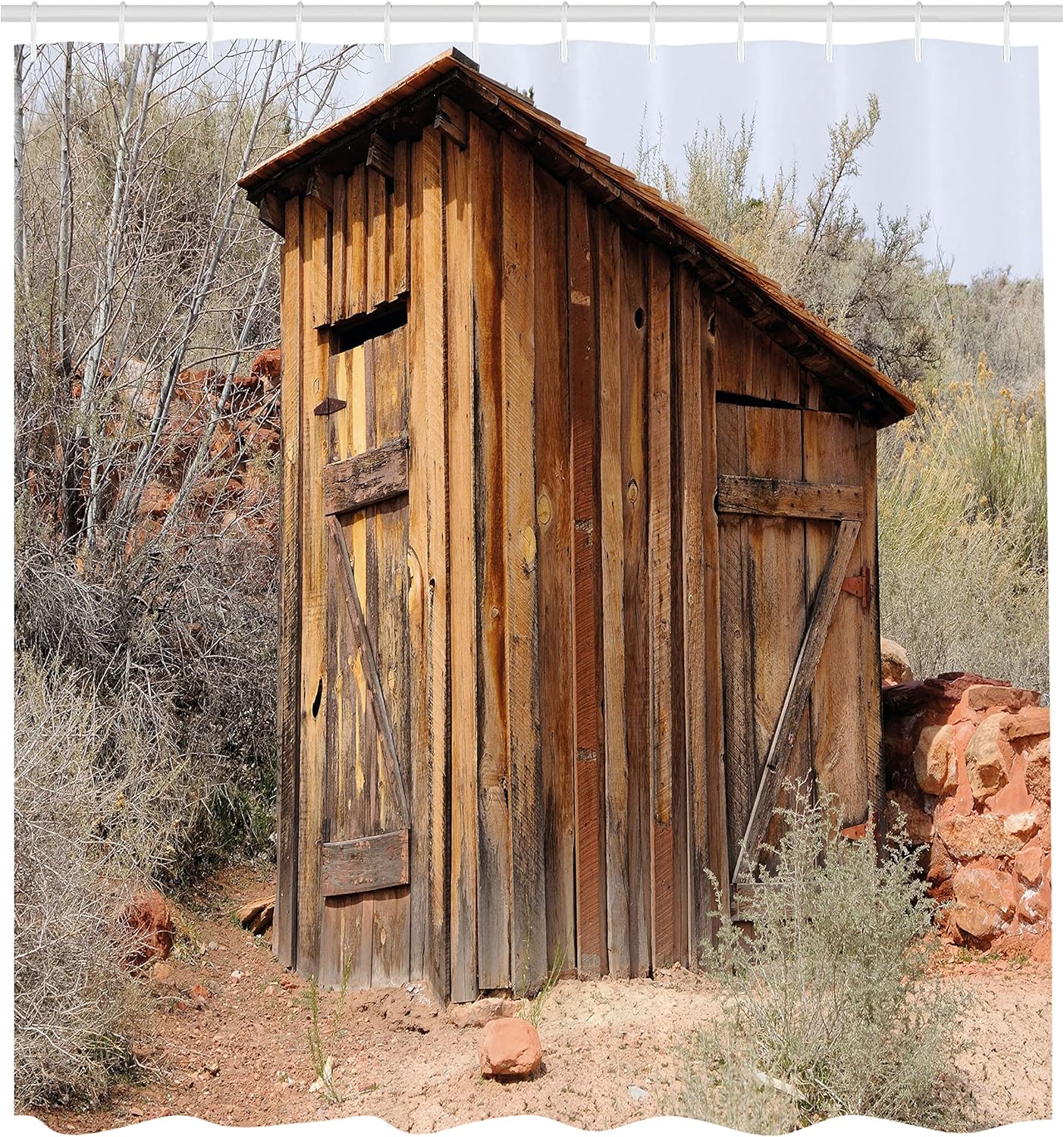 Ambesonne Outhouse Shower Curtain, Old Wooden Shed in The Outback Country Side with Olive Trees Inspired by Rustic Style Art, Cloth Fabric Bathroom Decor Set with Hooks, 69" W x 84" L, Caramel Brown