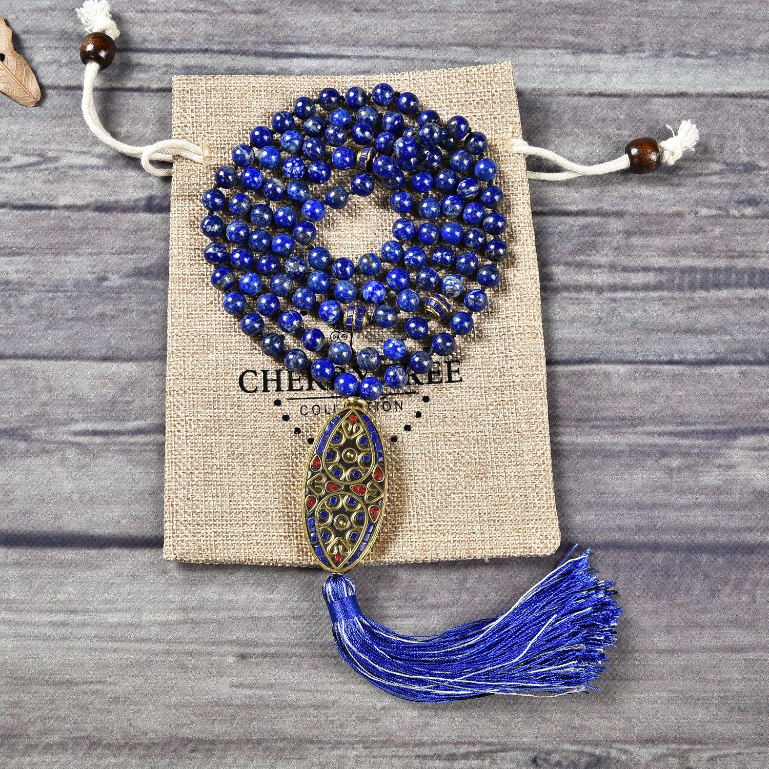 Cherry Tree Collection Mala Necklace | 108 Hand-Knotted 8mm Gemstone Round Beads, Tibetan Guru and Counter Beads, and Tassel | Meditation, Buddhist Prayer, Healing