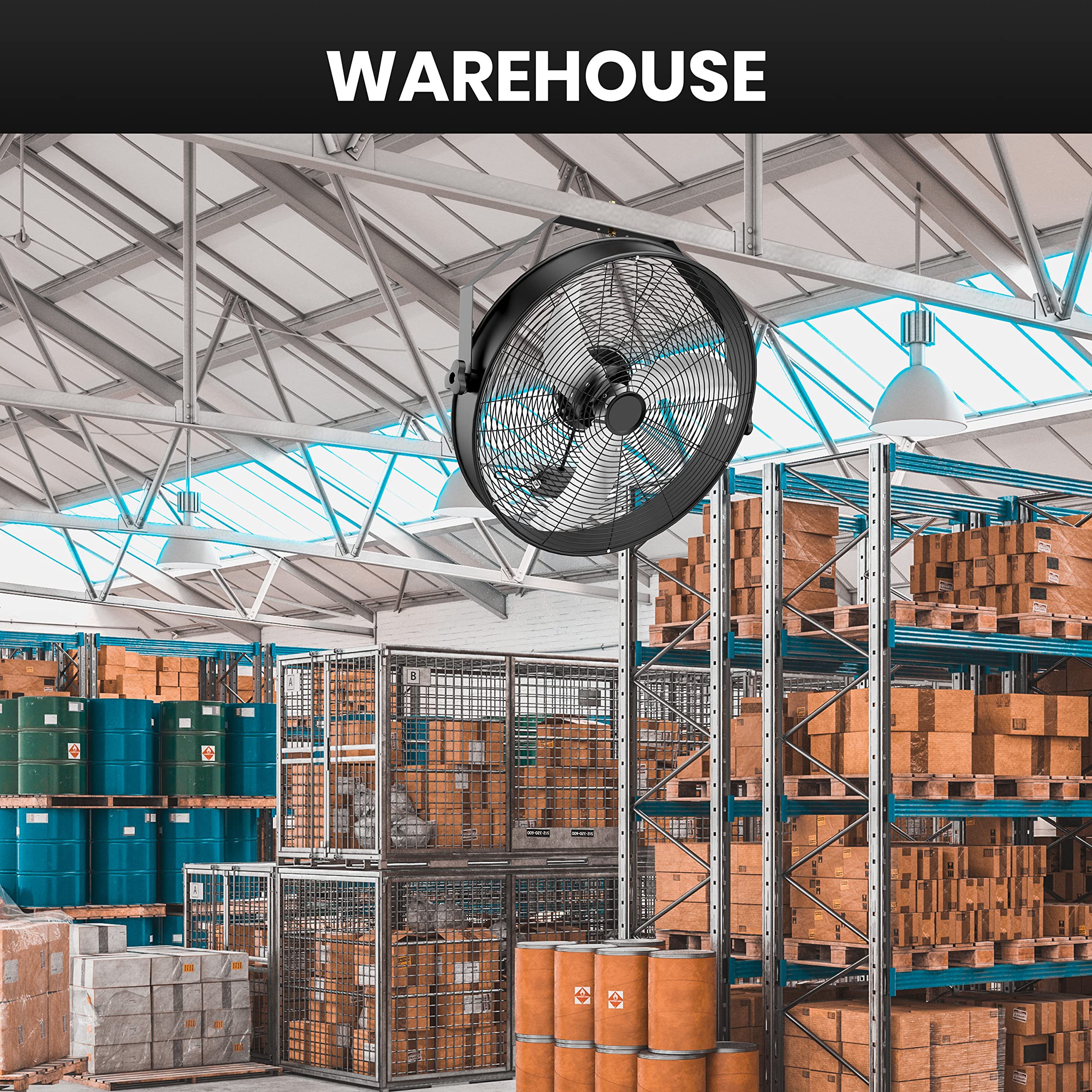 Ventilador de montaje en pared de alta velocidad de 18 pulgadas con estante, ventilador de ventilación de metal industrial/comercial de 3 velocidades, negro 8