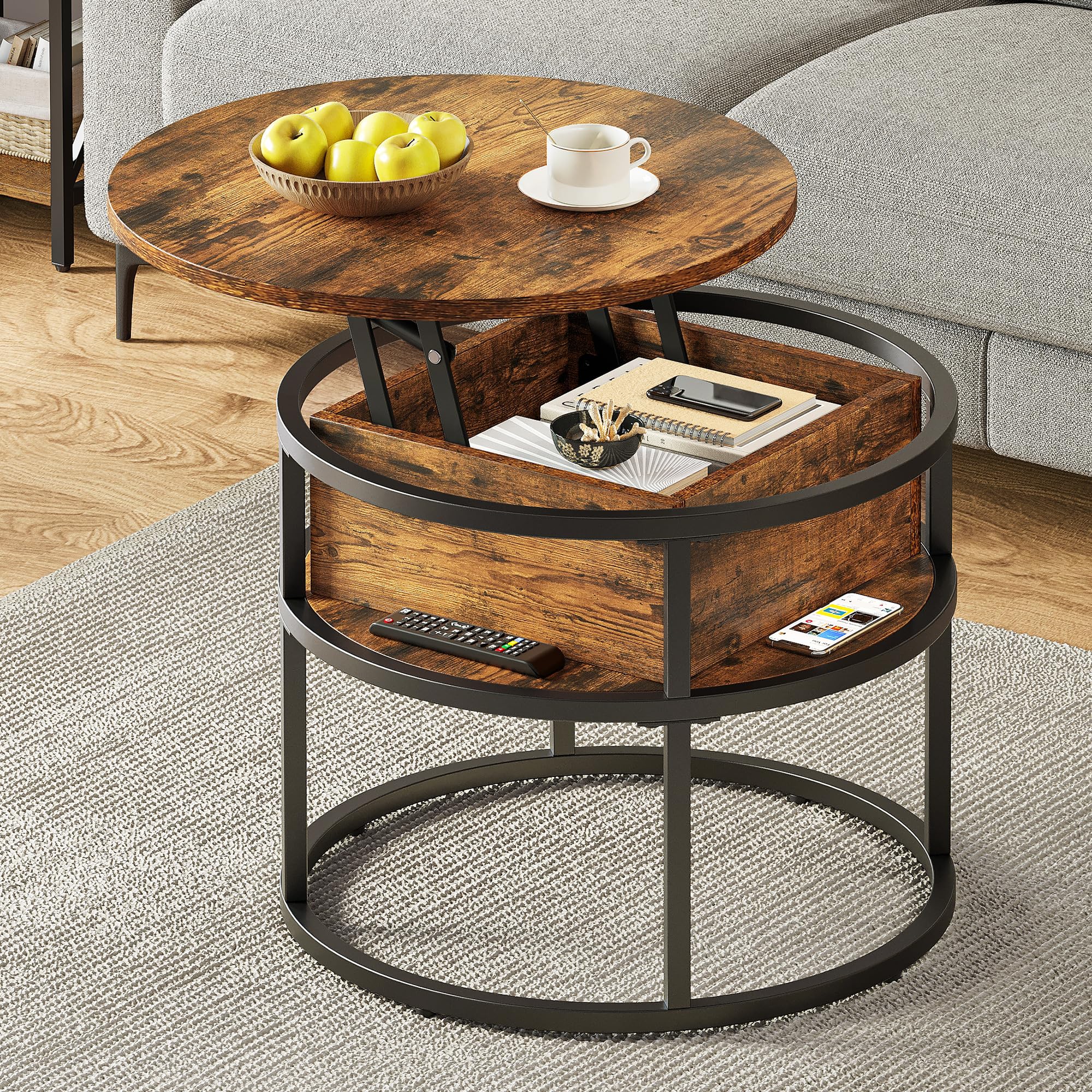 YITAHOME Tavolino Salotto Sollevabile, Tavolo da Caffè Rotondo con Scomparto Nascosto, Tavolino Soggiorno Moderno 60x60x47cm