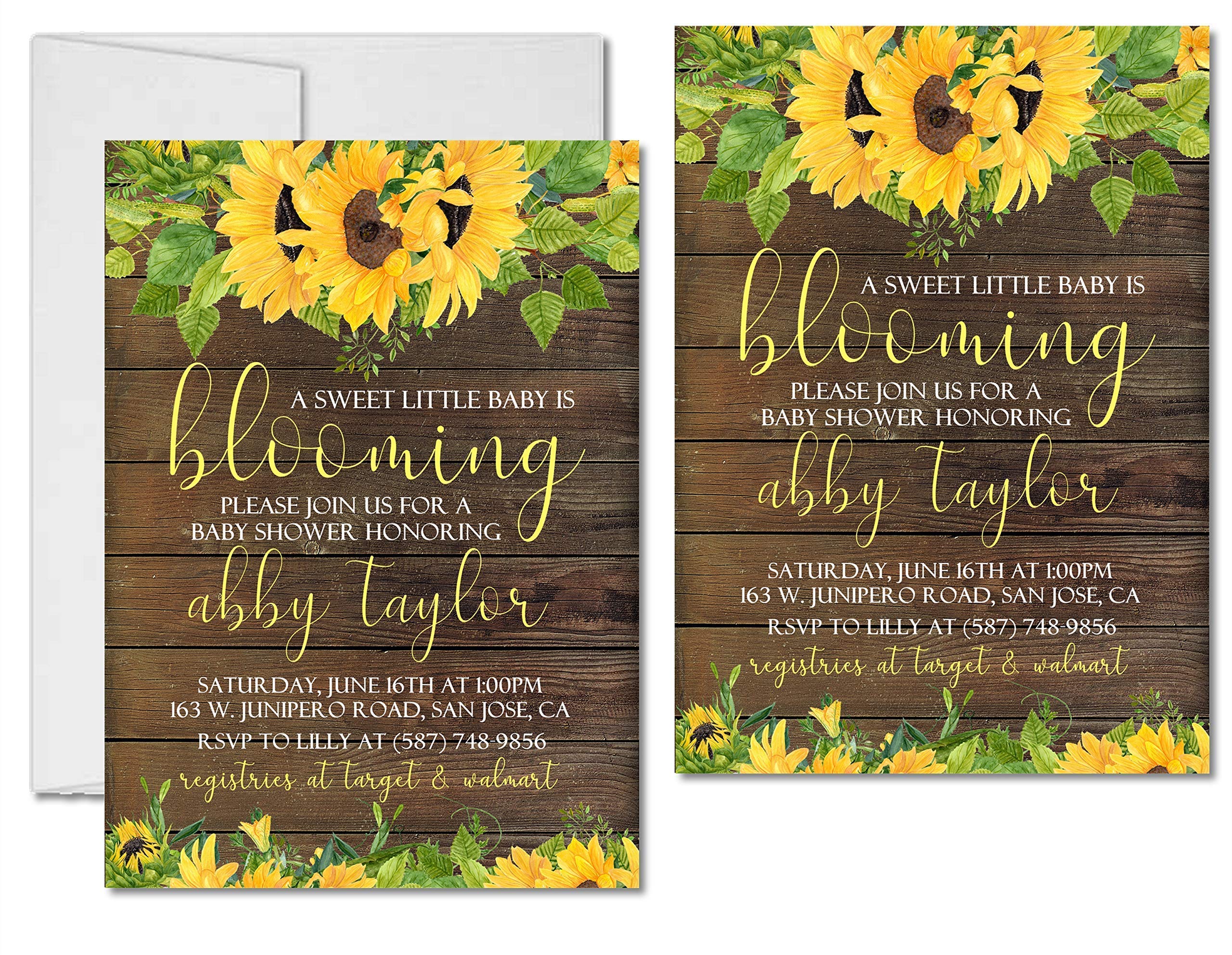 Sunflower Baby Shower Invitations With Envelopes, Fall Baby Shower Invitations (Sunflower Rustic Wood)