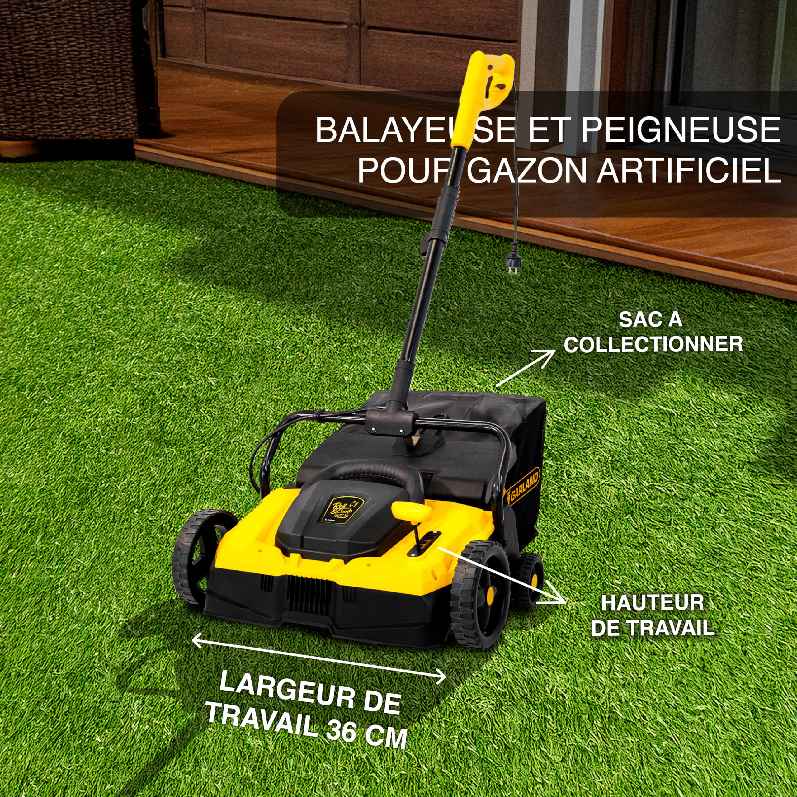 Garland Roll&Comb 402E-V24 Peigne balayeuse gazon artificiel 1 500 W Largeur 36 cm Sac 35 l Guidon oscillant électrique enfichable Idéal pour grands jardins