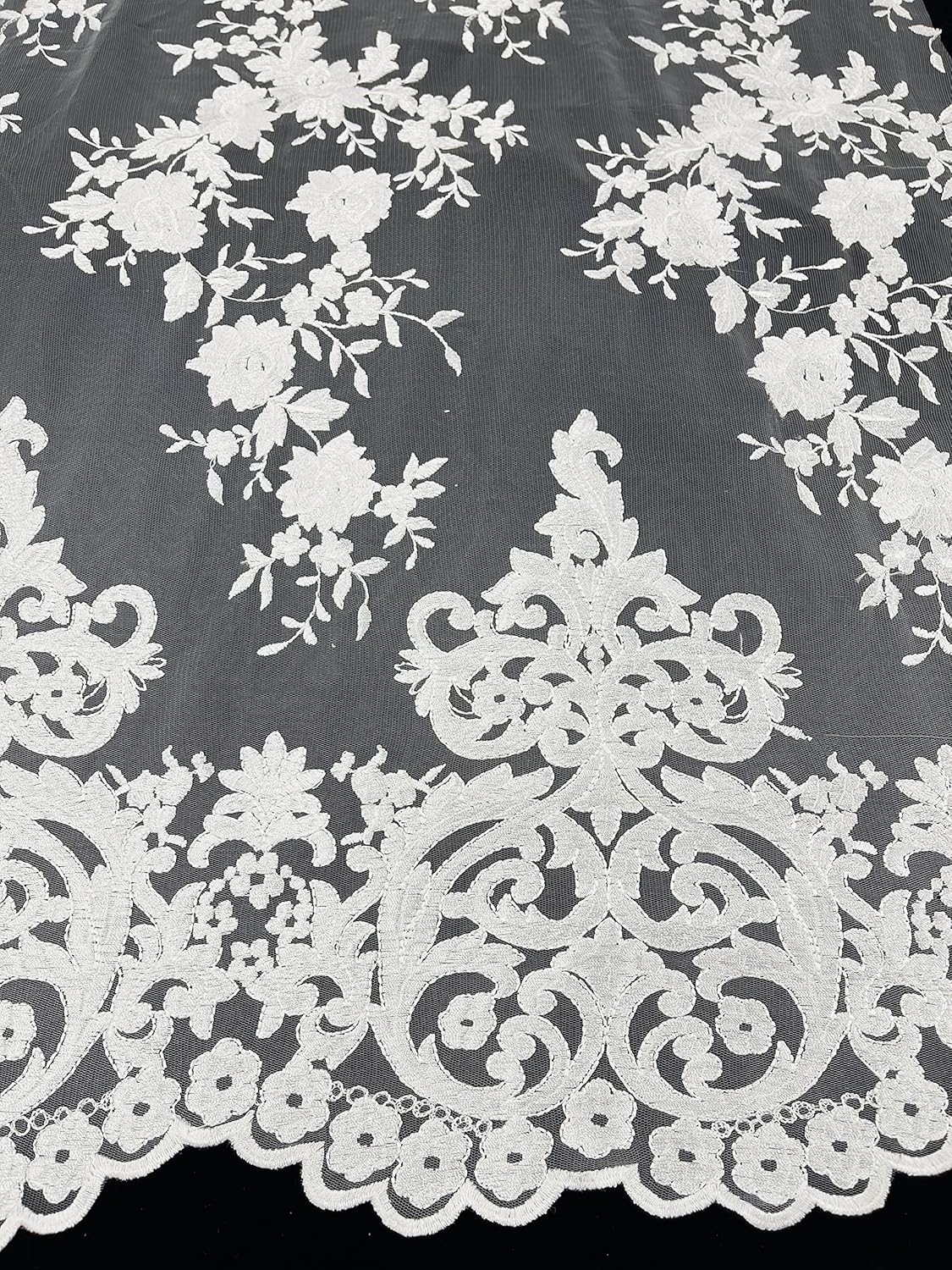 New Creations Fabric & Foam Inc, 54" Wide Elegant Flower Damask Flat Lace Embroidery On A Mesh (1 Yard, White)