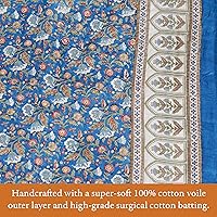 Vista 4 de Saffron Marigold Manta acolchada azul reversible, tamaño Queen, hecha a mano con bloque a mano, estampado encantado, colcha de gasa de algodón azul