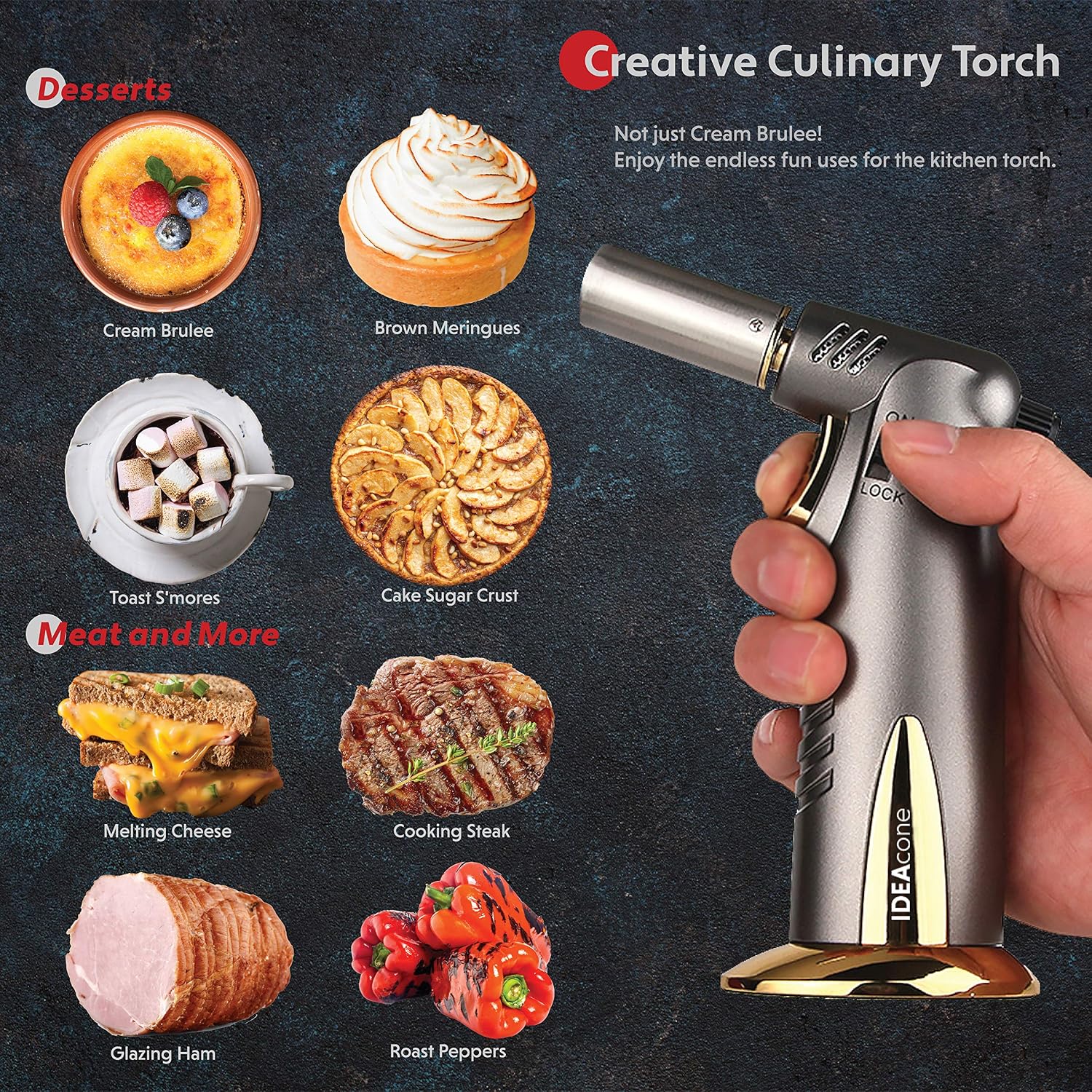 IDEACone Premium Butane Torch, Culinary Torch, Butane Lighter, Kitchen Cooking Blow Torch, Safety Lock, Adjustable Flame, Refillable Torch for BBQ, Baking, Creme Brulee, Welding and Cigar Gift Box