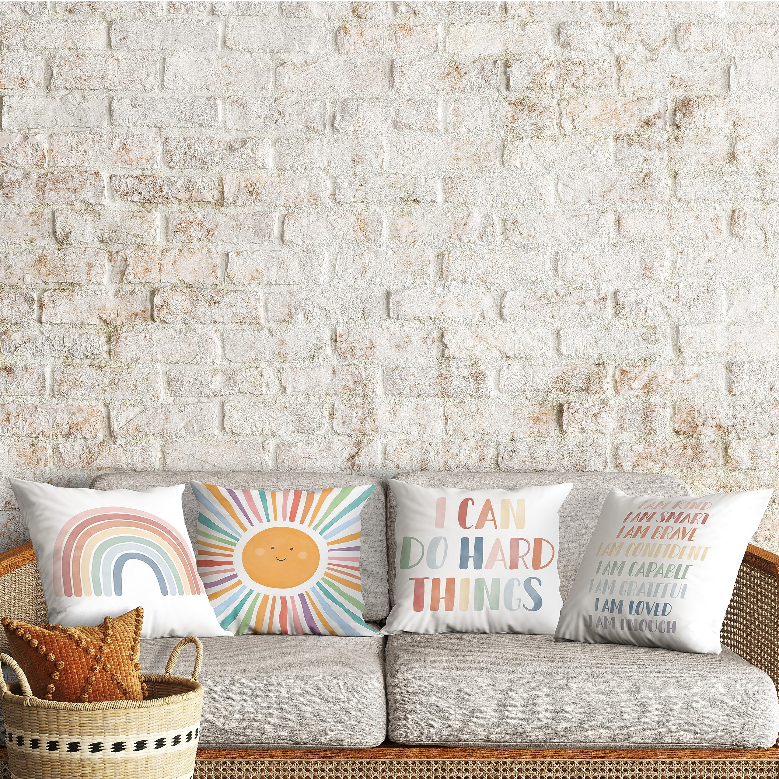 Boho-Kissenbezüge für Kinderzimmer, Sonne, inspirierende Affirmationen, 45,7 x 45,7 cm, 4 Stück, positive Sprüche, dekorative Kissenbezüge, Boho-Sonnen-Kissenbezüge für Kinderzimmer-Dekoration