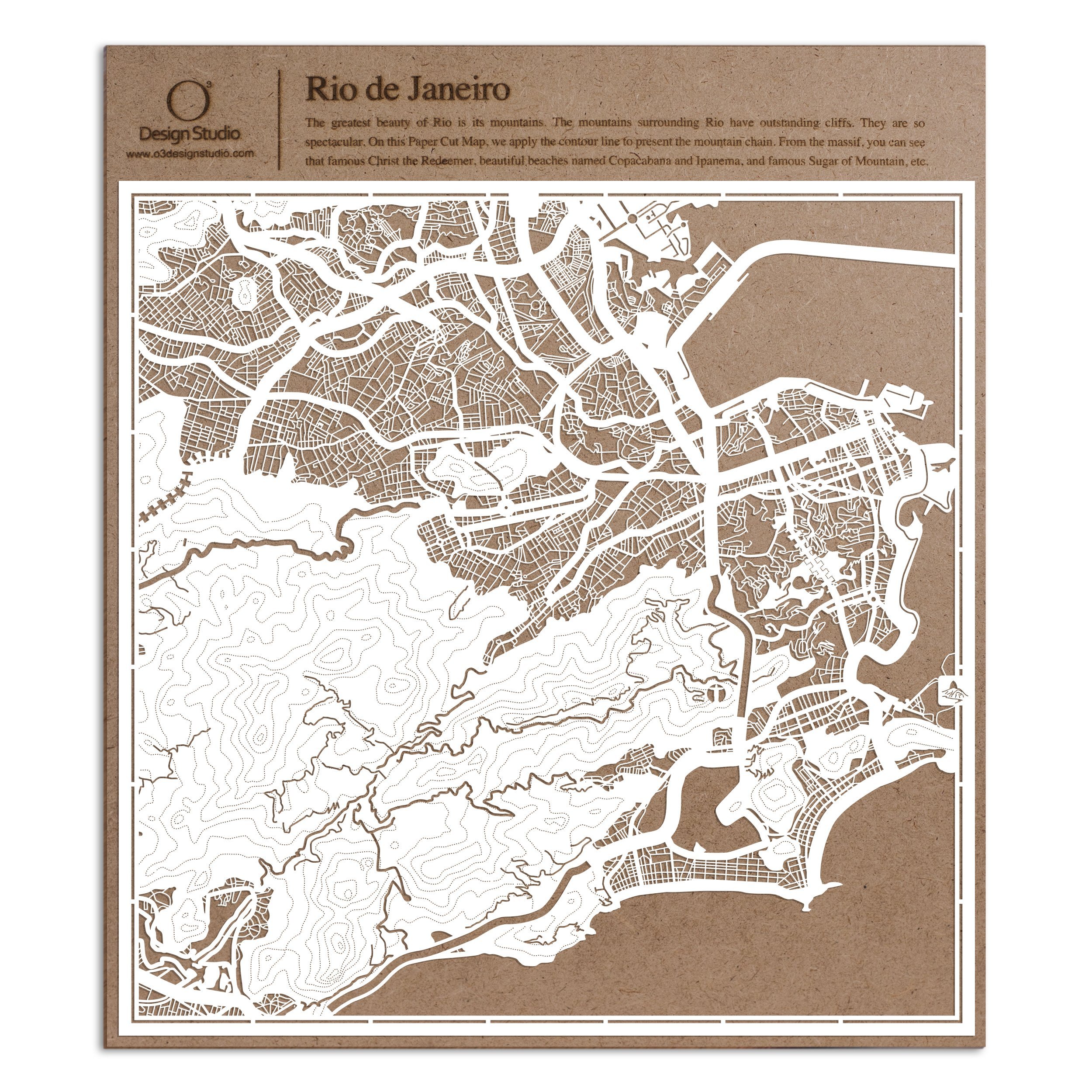 O3 DESIGN STUDIORio de Janeiro Paper Cut Map White 12×12 inches Paper Art