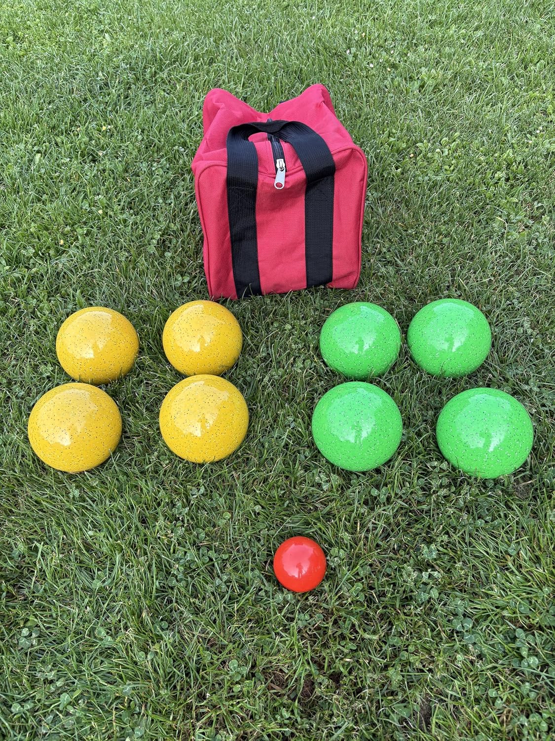 BuyBocceBalls Listing - Made in USA, Premium Quality Official Tournament GLO Bocce Set - 110mm Neon Speckled Yellow and Green Balls Bag; Regulation Size Balls 998 Grams (2 lbs. 3.2 oz.)