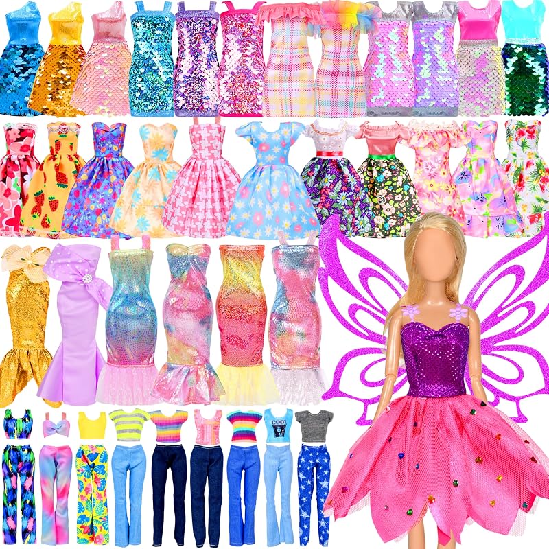 BYMORE 12 Set Doll Clothes Kit, Include Fashion Dresses, Floral Dresses, Sequins Dresses, Evening Party Dresses, Fairy Dresses with Wings, Tops and Pants in Gift Box for 11"-12" Dolls