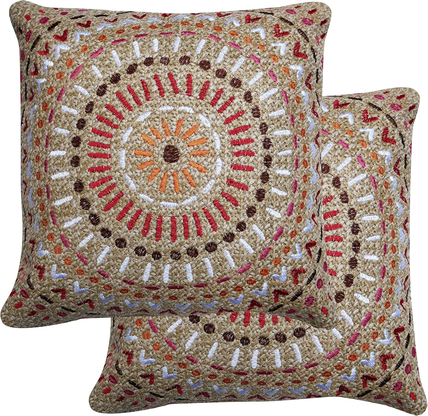 Honeycomb Indoor/Outdoor Raffia Medallion Brick Square Toss Pillow, Embroidered Faux Jute Fabric, Recycled Polyester Fill, Weather Resistant, 2 Pack of Decorative Toss Pillows: 17” x 17”