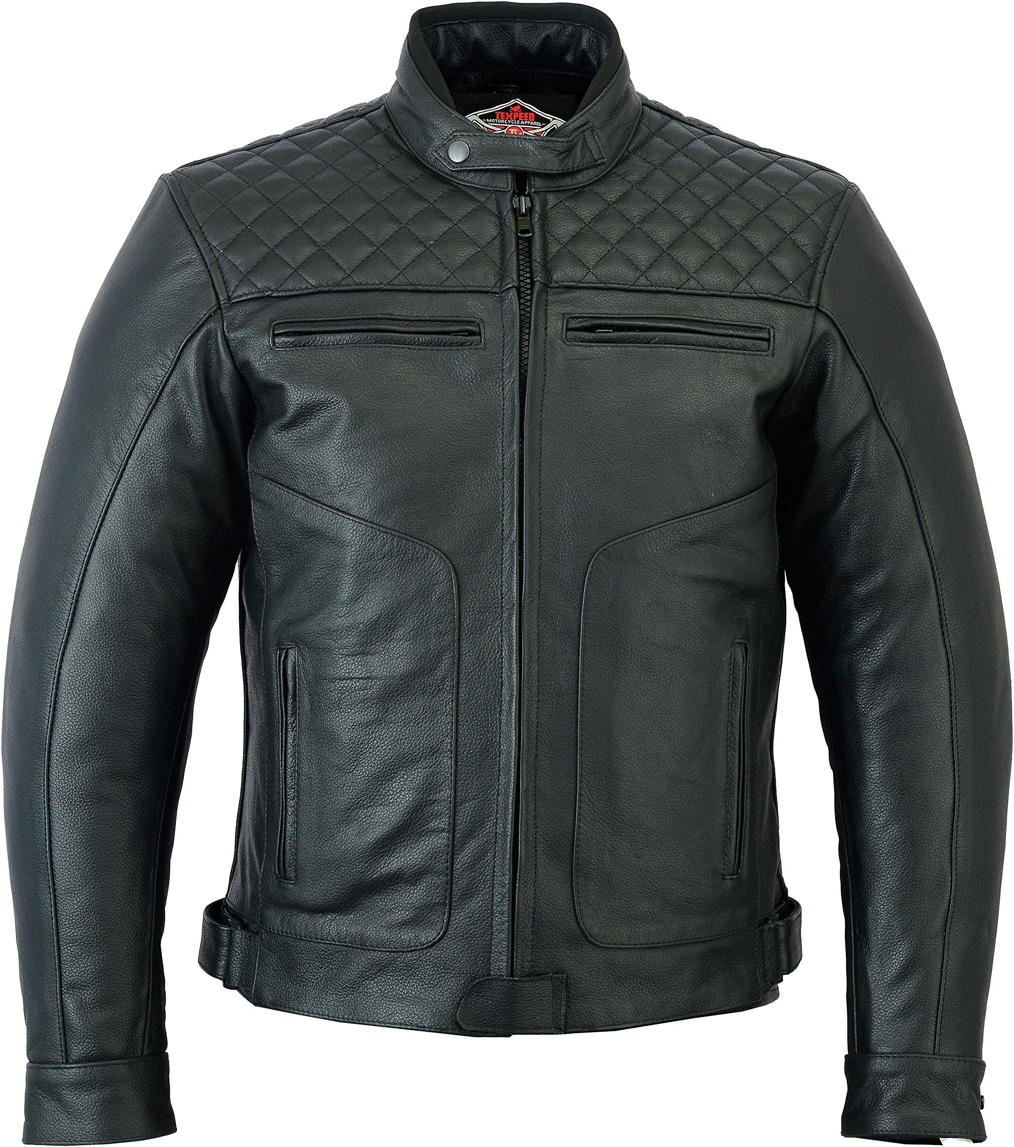TexpeedMens Leather Motorcycle Jacket - Touring Motorbike Jacket With Genuine Biker CE Armour (EN 1621-1) Protection Quilted Diamond Stitched Design - Black - S