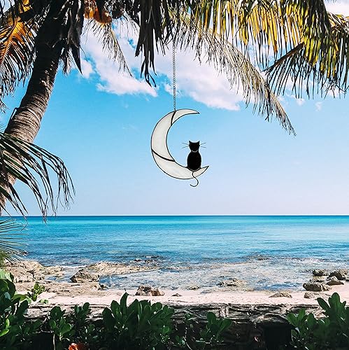 Miniatura 7 de Decoración de gato negro en luna blanca con vitrales colgantes para ventanas, paneles de ventanas, atrapasoles, adorno de Halloween, decoración
