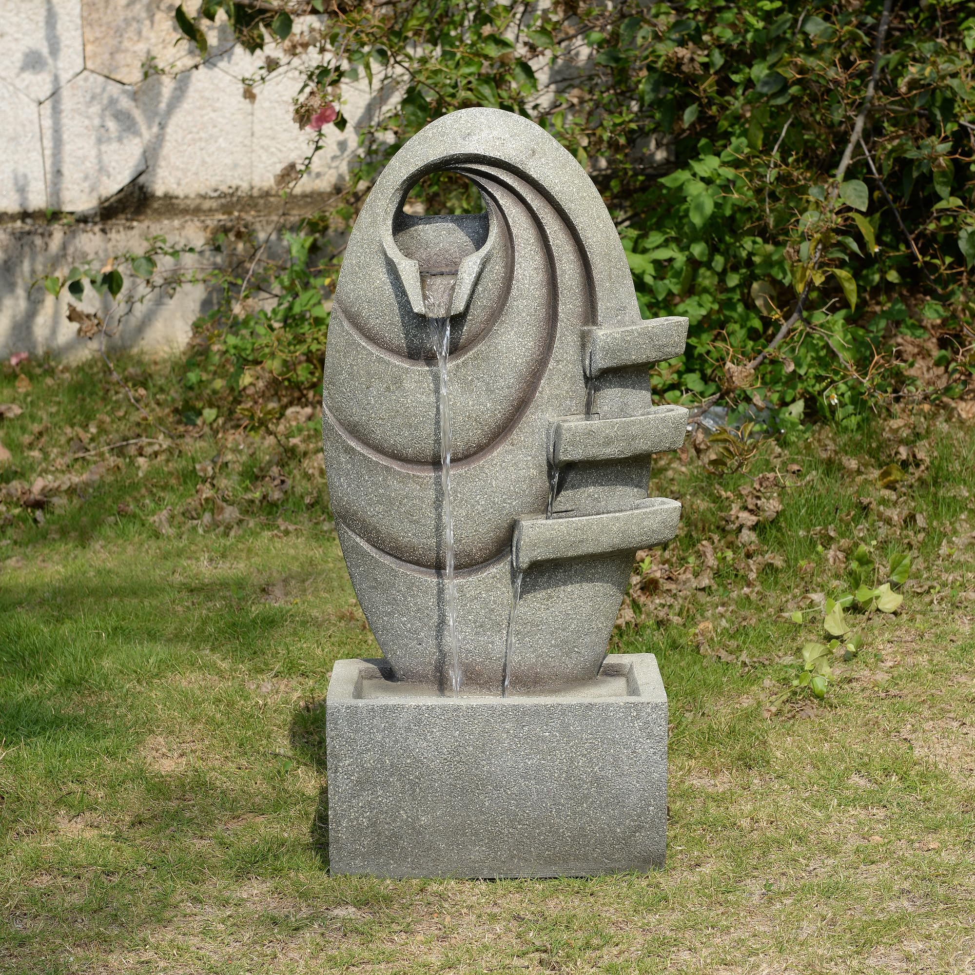 Teamson Home Garten Outdoor Brunnen Moderner Ovaler Brunnen mit warmen LED-Lichtern, Einstellbarer Fluss, Robustes dunkelgraues Steinoptik-Finish
