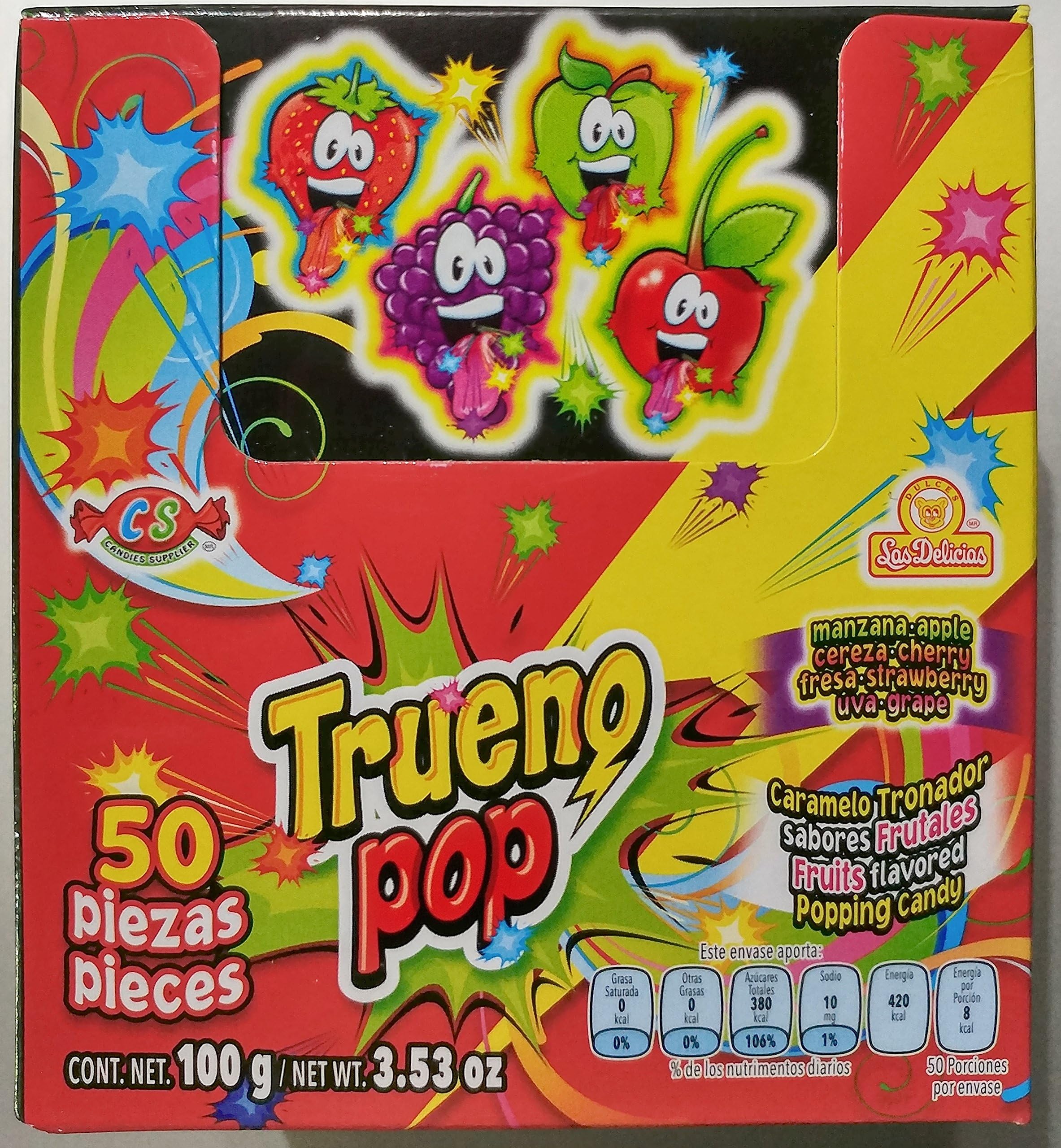 Trueno Pop Fruit Flavored Pop Rocks 50 Pieces (Strawberry, Apple, Orange, Grape) from Mexico