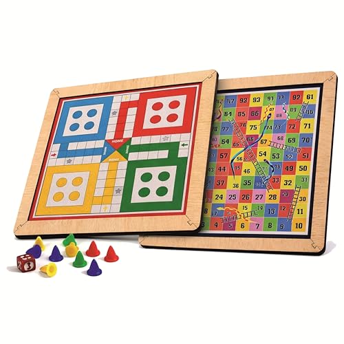 Image of 2 in 1 Wooden Board Game | Ludo & Snakes and Ladders | Reversible Wooden Game Board | 24 x 24 cm | Family & Kids Board Game