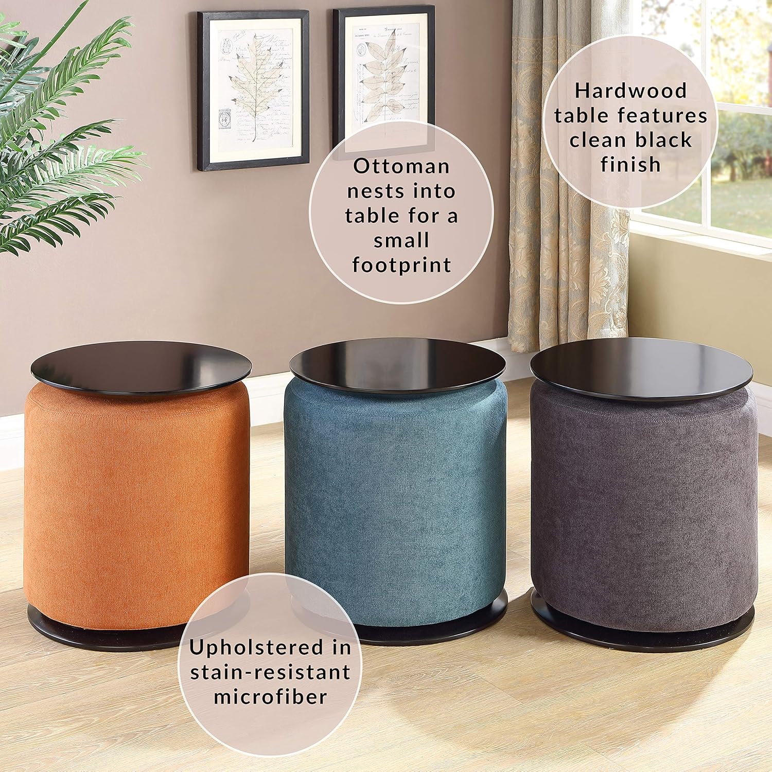 Furniture Accent Table and 18 in Round Nesting Ottoman, Modern Upholstered Fabric Chair, Small Wooden Side Table for Living Room, Bedroom, Home and Office, Orange (2-Piece Set)