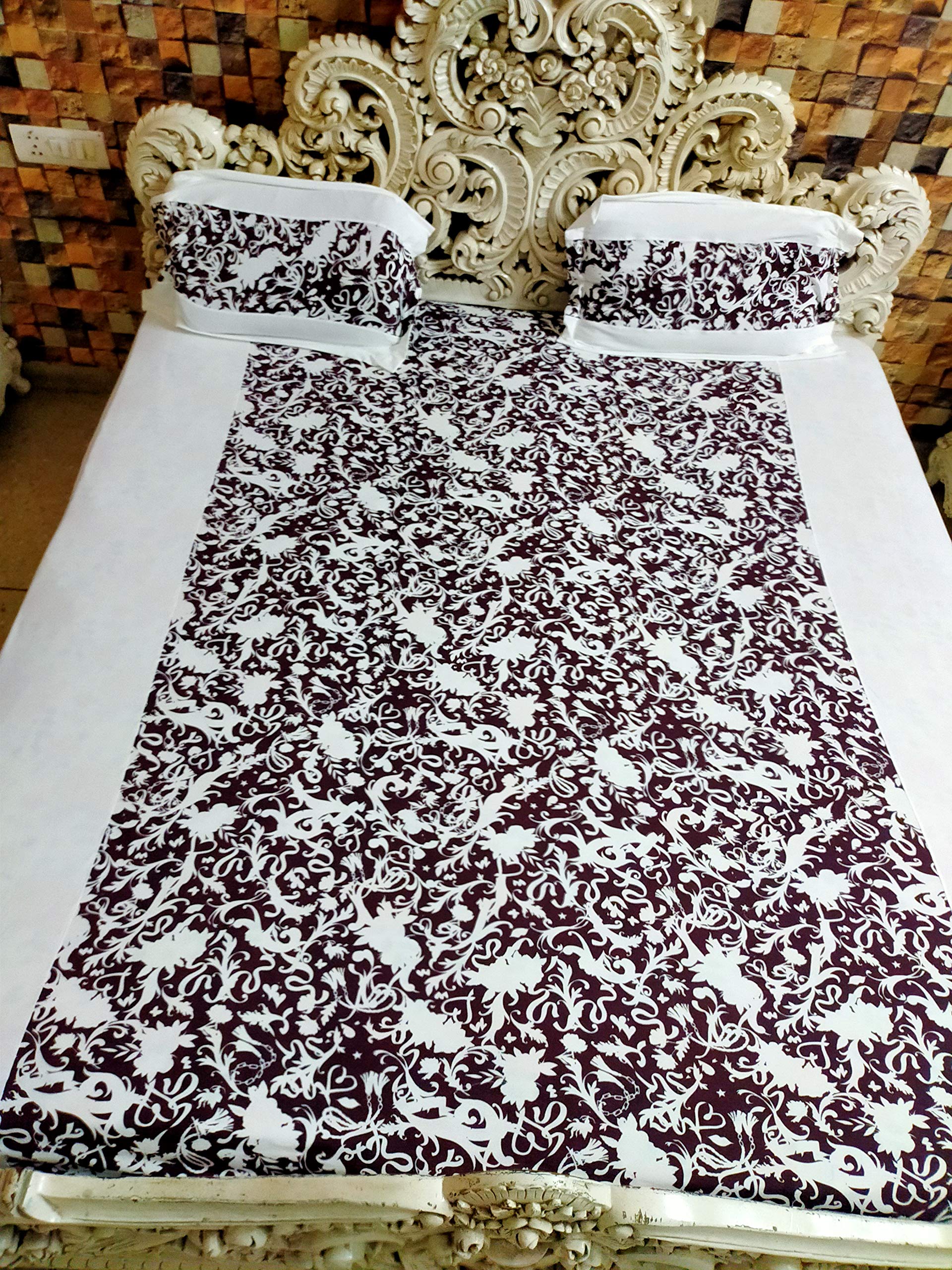 Jersey Dreams® Brown Floral White Jersey Fitted Bedsheet Set with 2 Pillow Covers (California King)