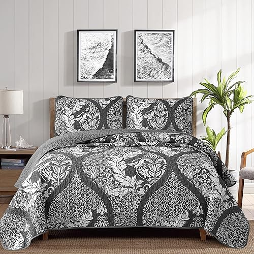 Juego de edredón gris tamaño King, juego de colcha de damasco bohemio, juego de ropa de cama de lujo de microfibra suave y ligera, 3 piezas para