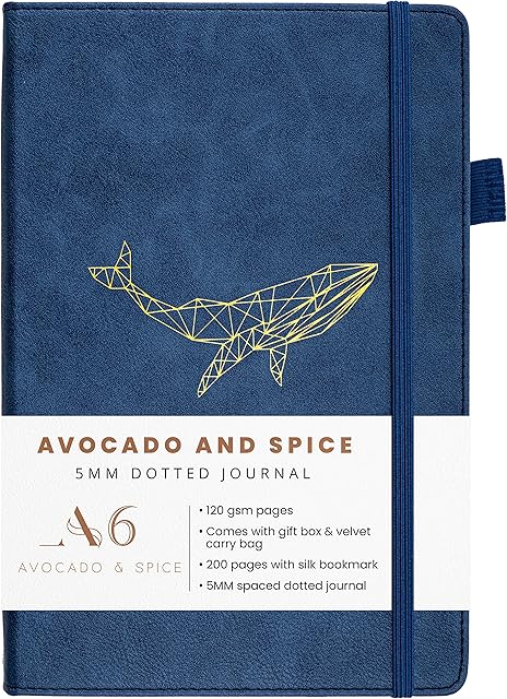 Small Notebook A6 Pocket Notepad by Avocado and Spice®  Hardback Small Notepad A6 Diary - A6 Dot Journal Thick Notebook - 200 Thick Pages with Gift Box & Velvet Bag (Blue, Dotted)