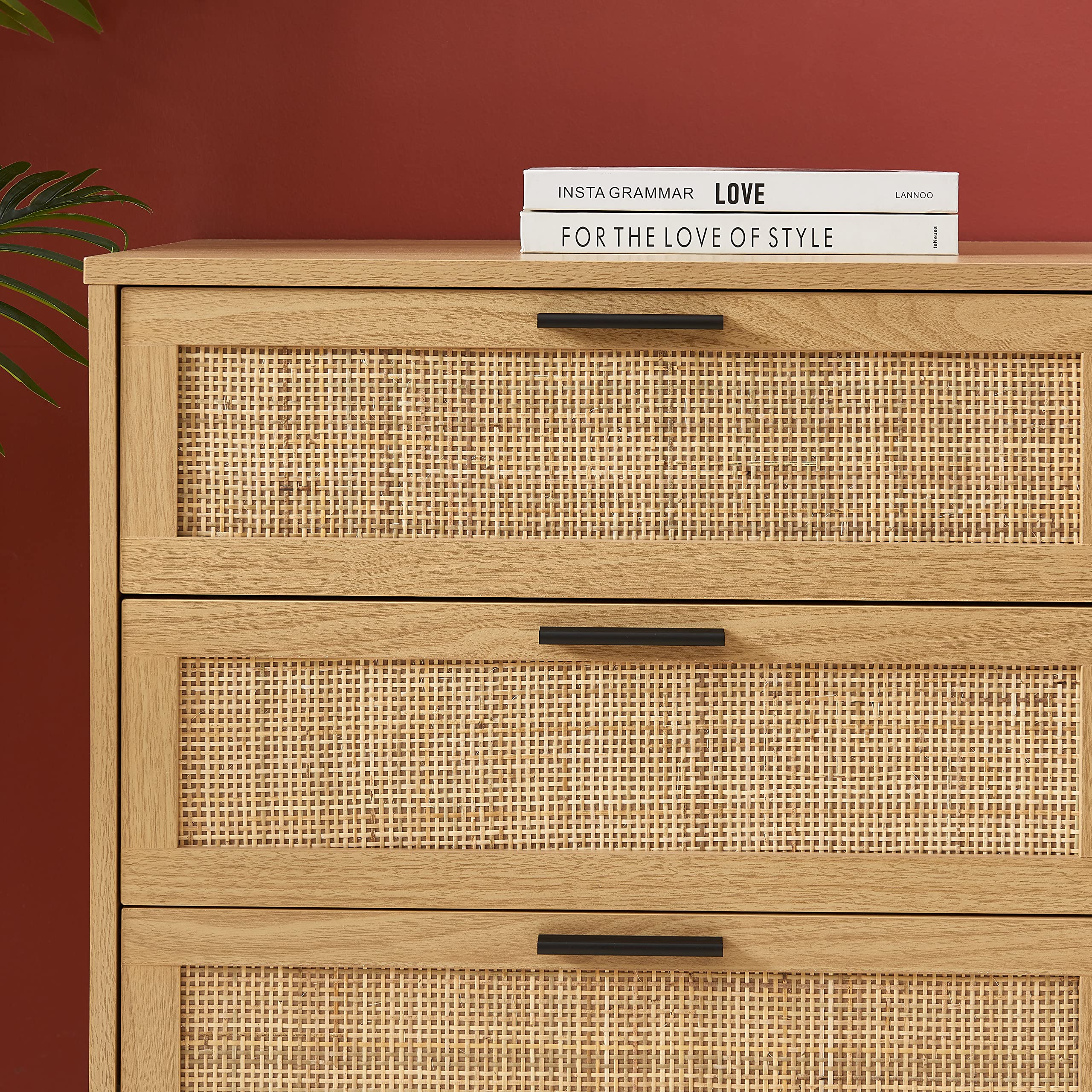 BAÏTA Commode Amana 6 tiroirs Effet chêne et cannage en rotin