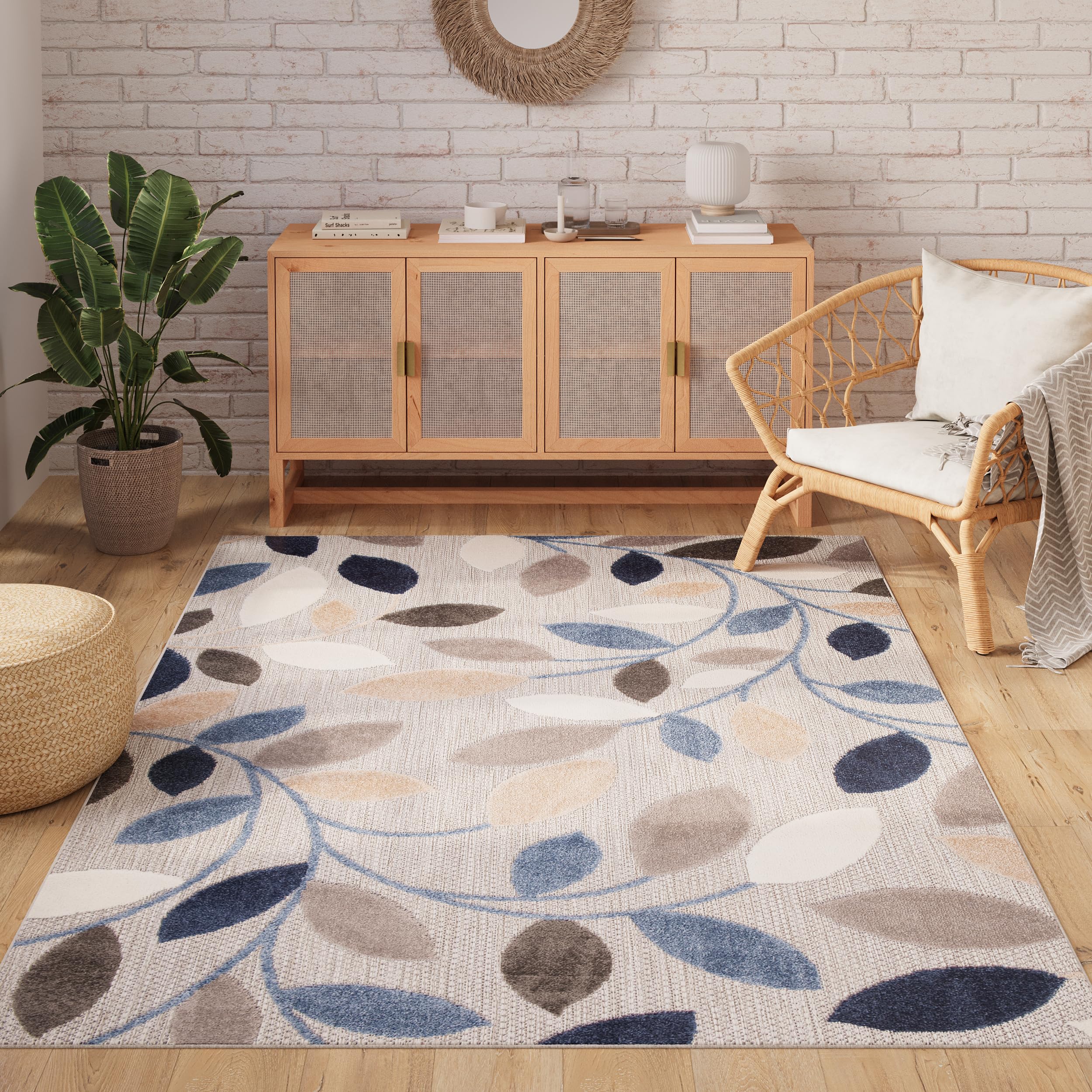 TAPISO Alfombra para terraza, Exterior, Interior, terraza, balcón, jardín de Invierno, Cocina, salón, Moderna, Beige, Azul, Gris, Hojas, Aspecto 3D, Resistente a la Intemperie, Oeko-Tex, 200 x 300 cm