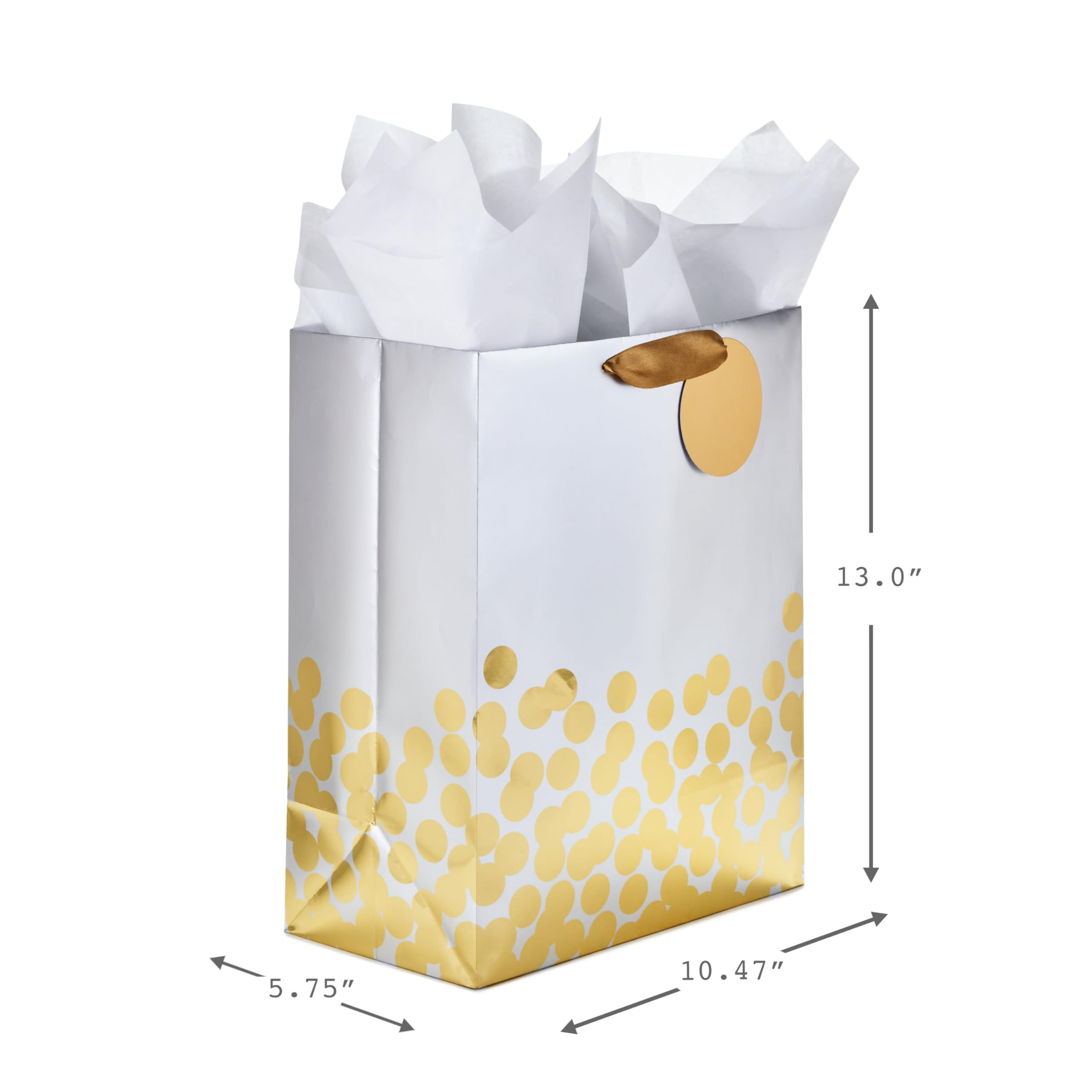 Hallmark 13" Large Gift Bag with Tissue Paper (Gold Foil Dots on Silver) for Valentine's Day, Graduations, Engagements, Bridal Showers, Weddings, Any Occasion