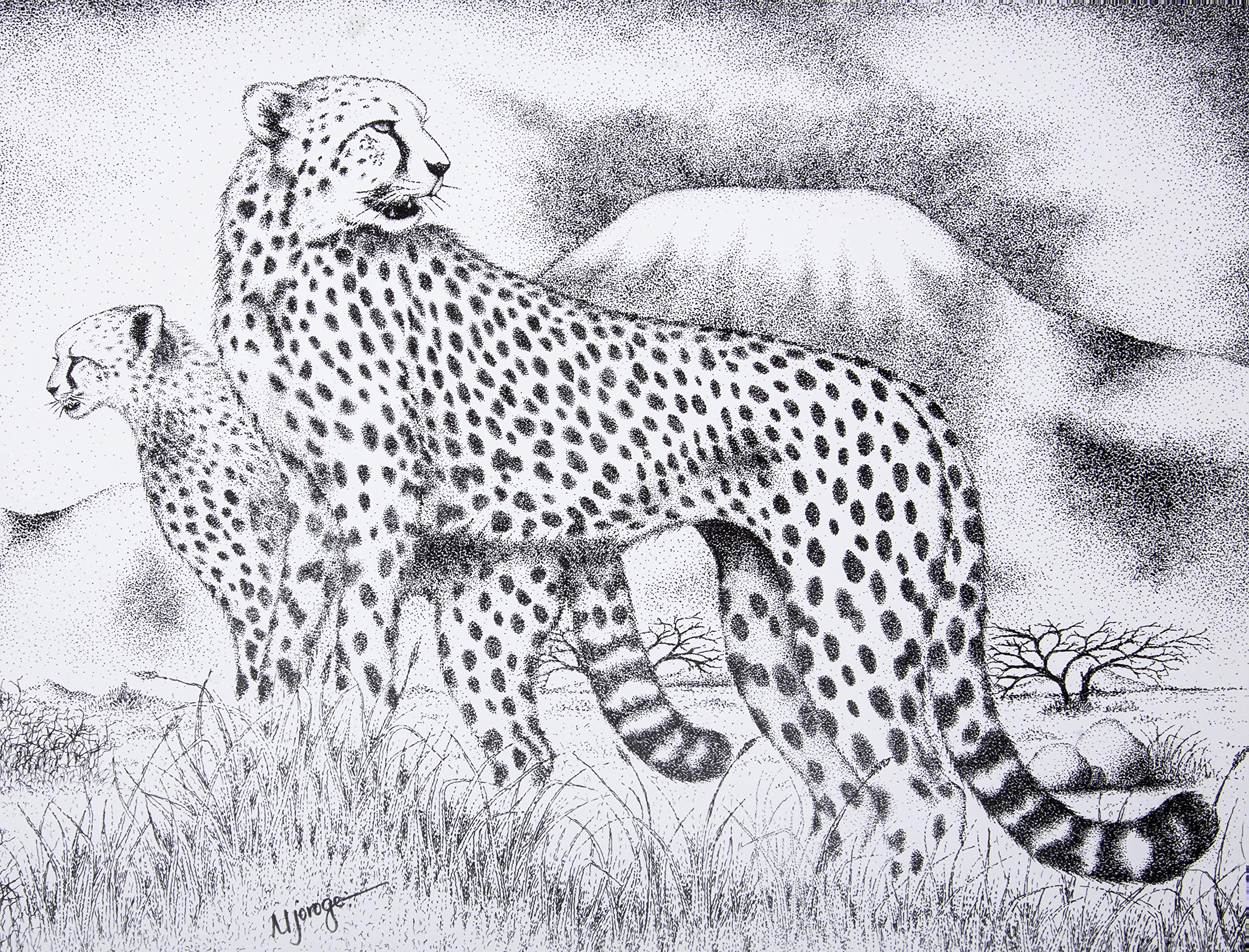 NA Cheetah Print Pen and Ink Art 15" W x 11" H. Poster from Acrylic Painting by Artist Evans Njoroge