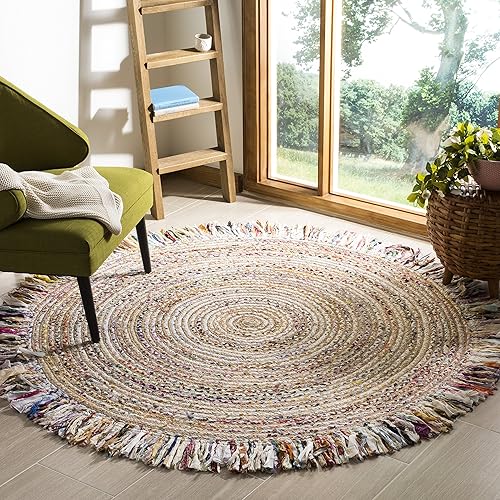 Miniatura 1 de SAFAVIEH Cape Cod Collection CAP206B - Alfombra redonda de yute y algodón con flecos, estilo bohemio, de 4 pies, color marfil y beige claro