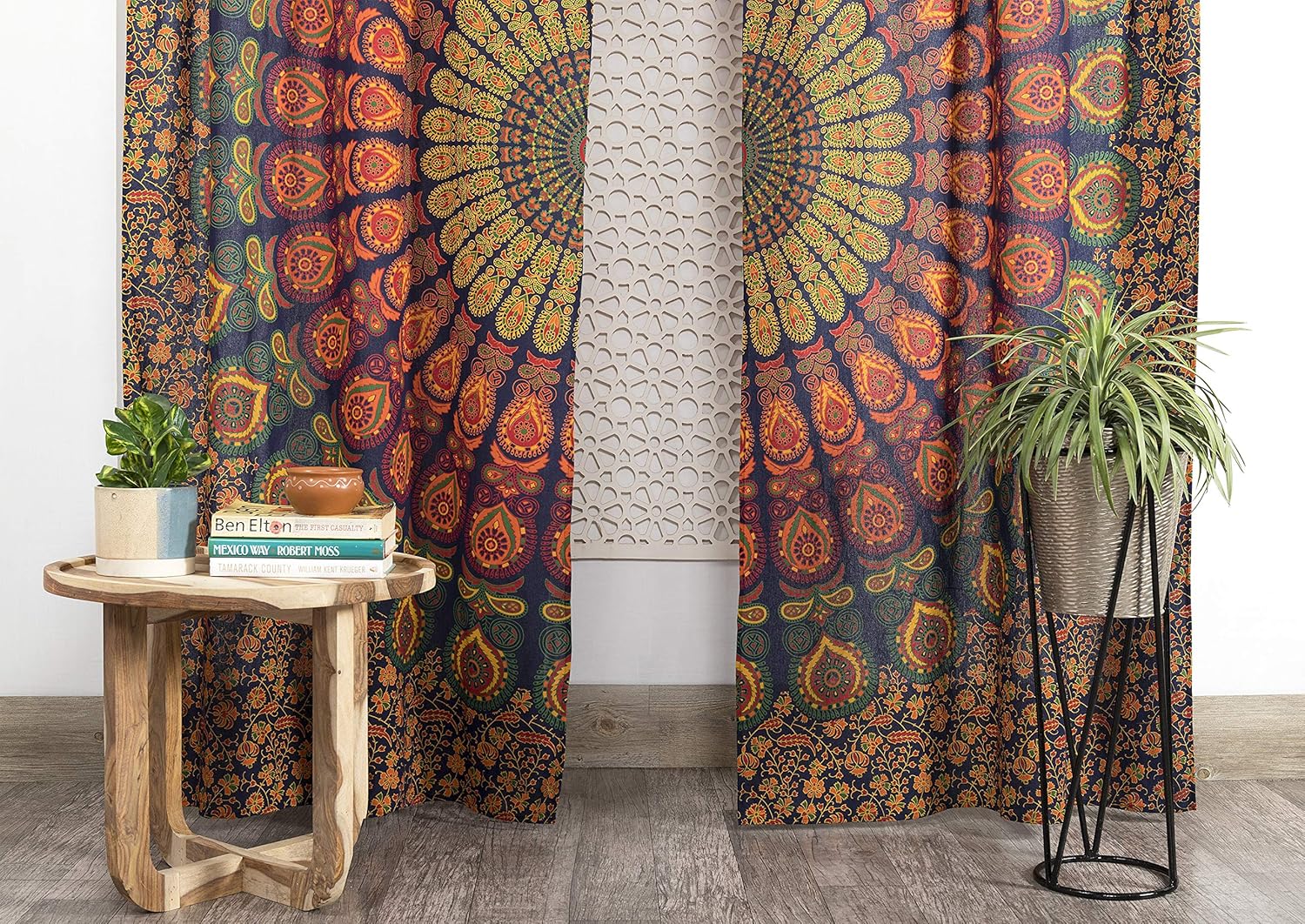 Popular Handicrafts Indian Hippie Bohemian Beautiful Peacock Mandala Curtain Sheer Light Flitering Panels Neavy Blue Multi Color