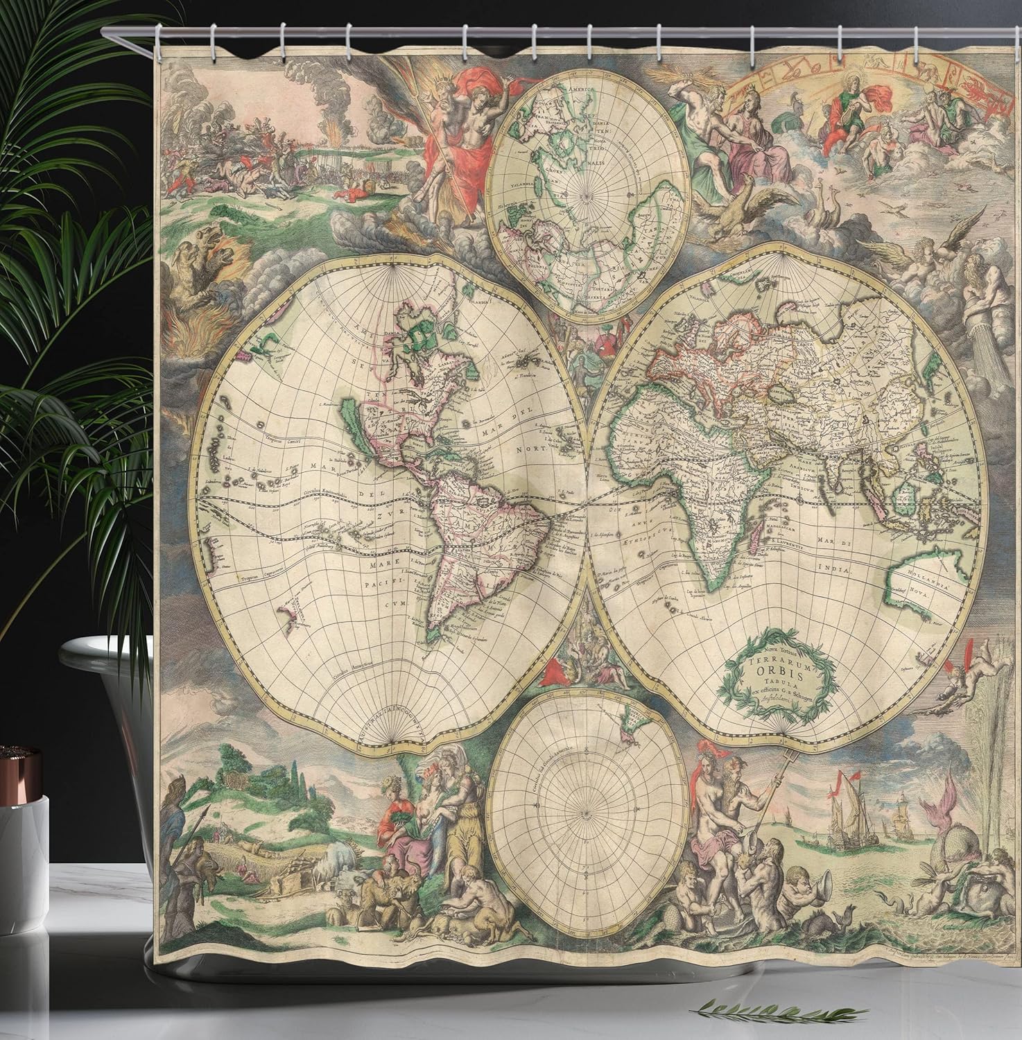 Ambesonne World Map Shower Curtain, Antique Design with Renaissance Continents and Hemispheres Vintage Art, Cloth Fabric Bathroom Decor Set with Hooks, 69" W x 70" L, Eggshell Green