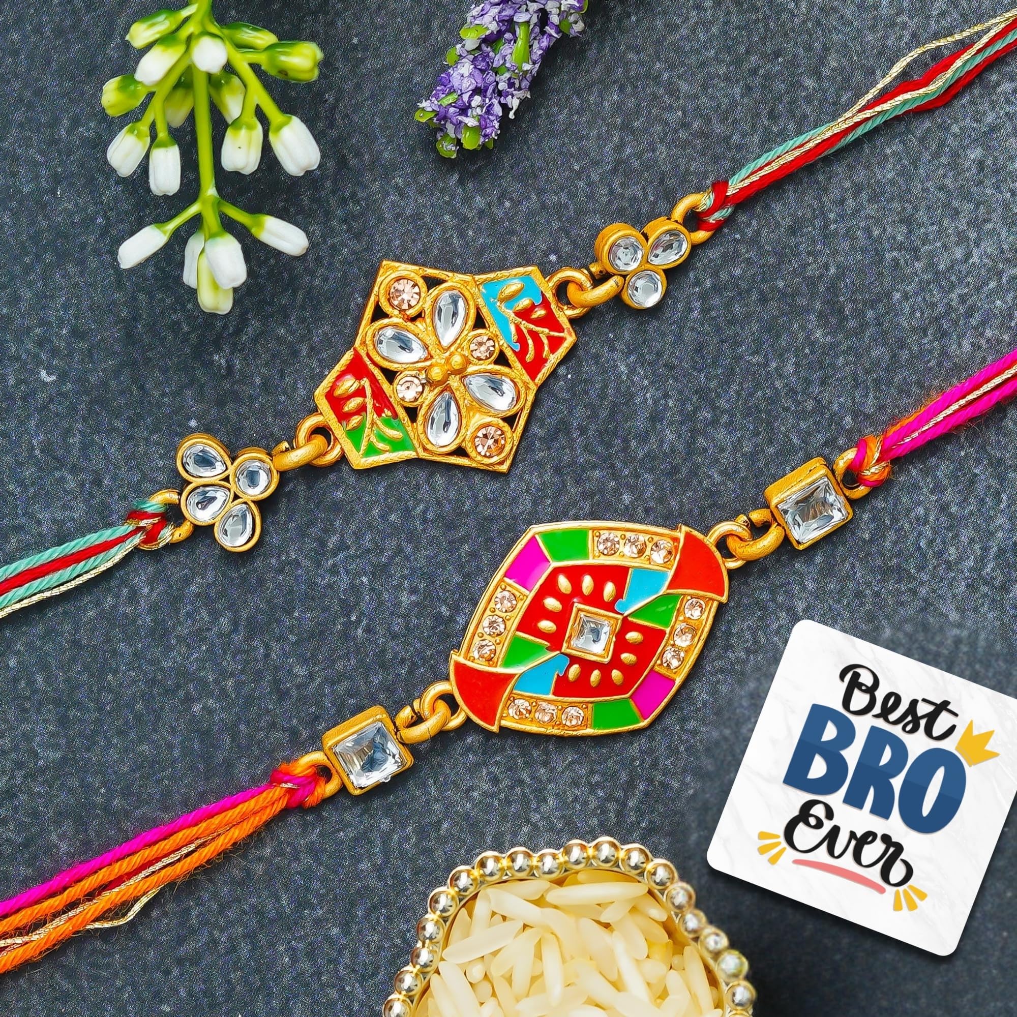 eCraftIndia Set of 2 Multicolor Kundan Rakhis | Best Bro Ever Fridge Magnet | Roli Chawal Pack | Designer Rakhi for Brother Bhaiya Bhai Bhabhi Kids