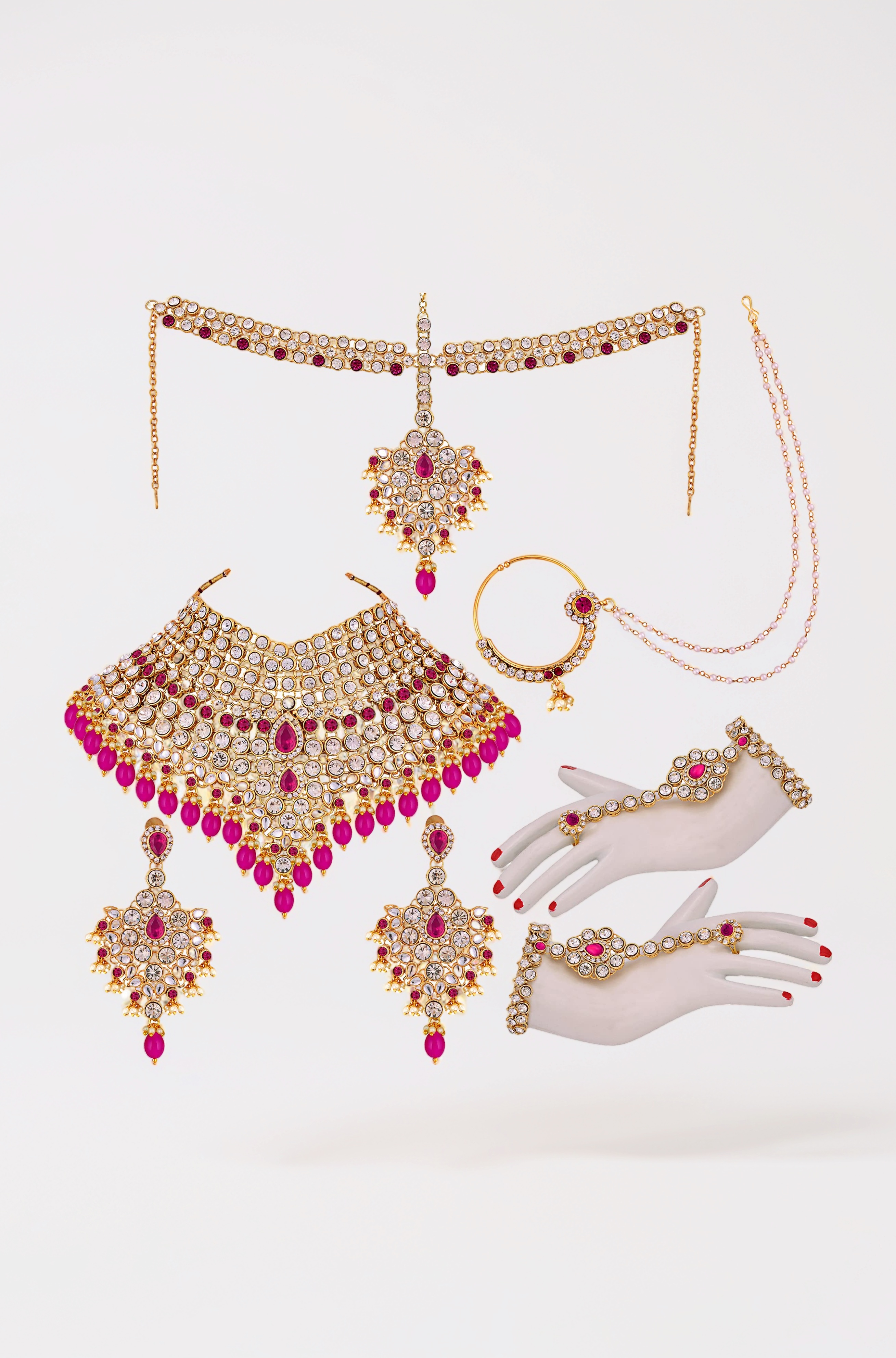 Lucky Jewellery Wedding Designer Magenta Color Gold Plated Dulhan Choker Bridal Set with sheeshpatti for Girls & Women (2475-L1ZS-KD124-R)