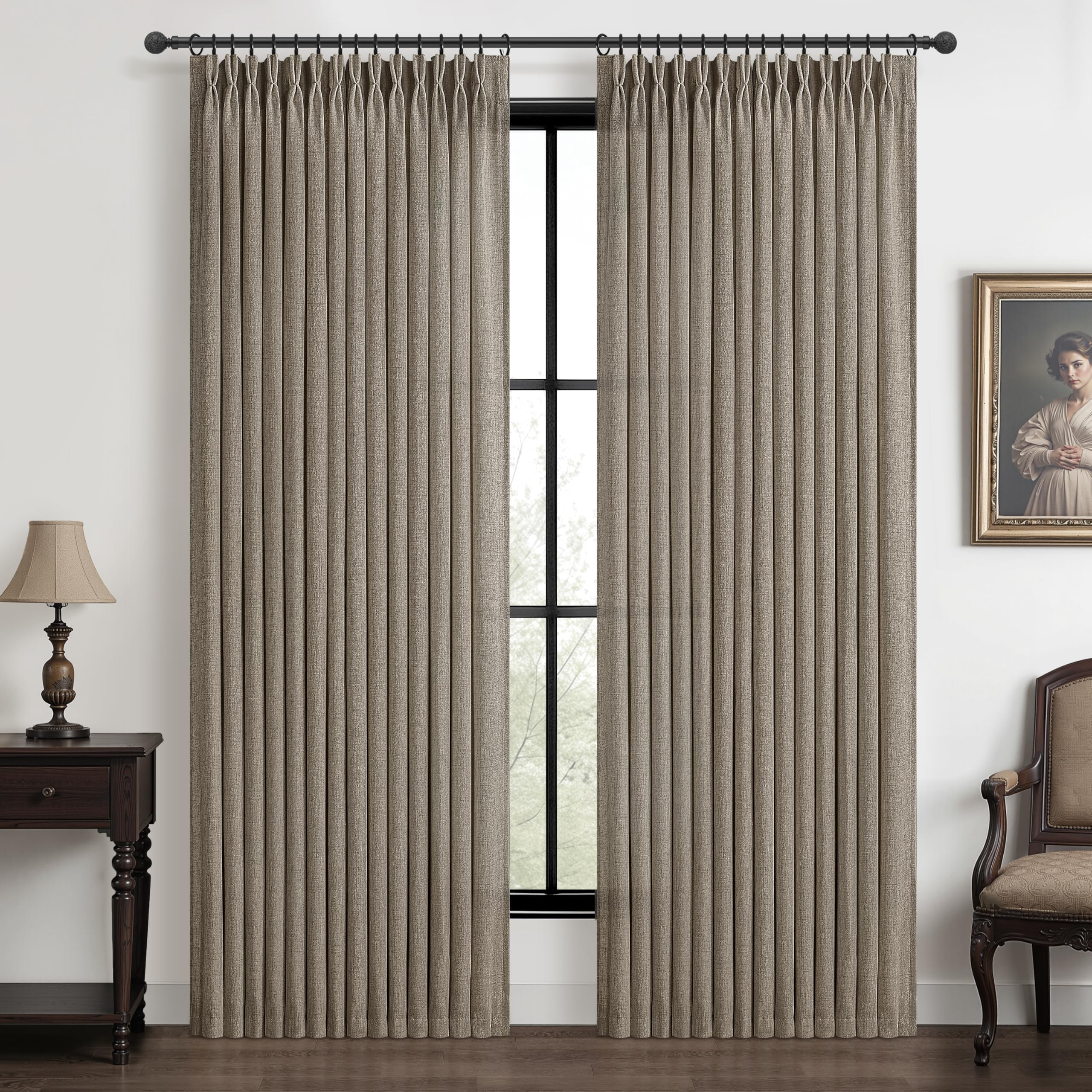 Photo 1 of Dark Flax 60 Inch Wide Light Filtering Curtains 90 Inches Long 2 Panels for Sliding Glass Door, Memory Shape Pinch Pleat Natural Linen Windows Drapes Privacy Semi Sheer Modern Curtain with Hook & Ring