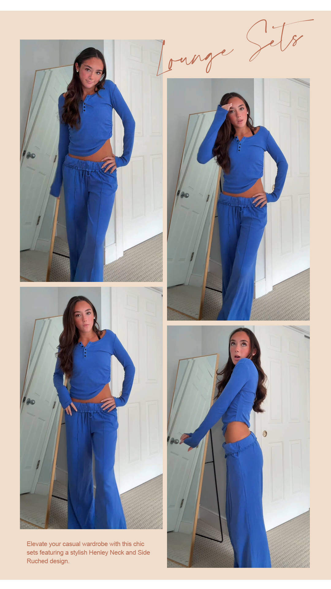 Darong Ensemble 2 Pièces Femme – T-shirt Col V Manches Longues + Pantalon Large Taille Haute Décontracté