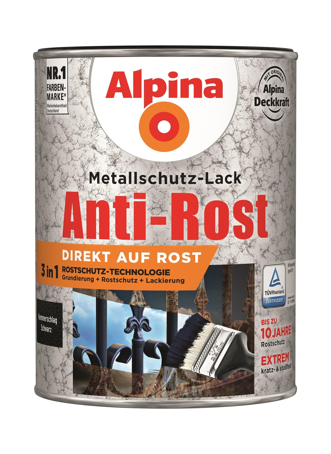 Alpina Metallschutzlack – Hammerschlag Schwarz – Anti-Rost-Lack für einen Langzeit-Korrosionsschutz – Witterungs- und UV-beständig – 2,5L