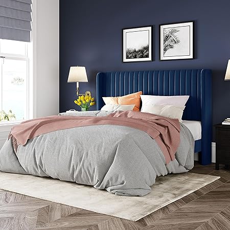 Allewie Queen Size Velvet Bed Frame/Vertical Channel Tufted Wingback Headboard/Upholstered Platform Bed/Strong Wooden Slats/No Box Spring Needed/Easy Assembly/Dark Blue