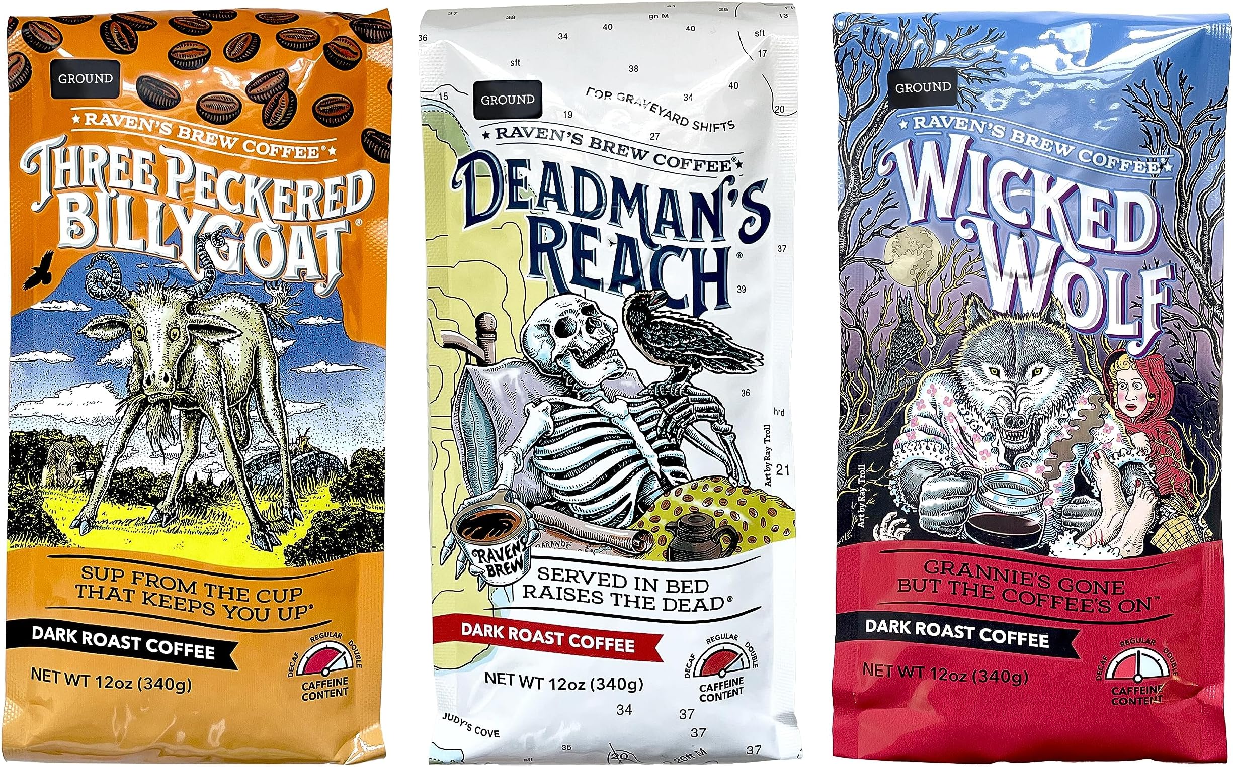 - Raven's Brew Ground Coffee Variety Pack - 3 Delicious Flavors - Wicked Wolf, Three Peckered Billy Goat and Deadman's Reach - 12 oz each