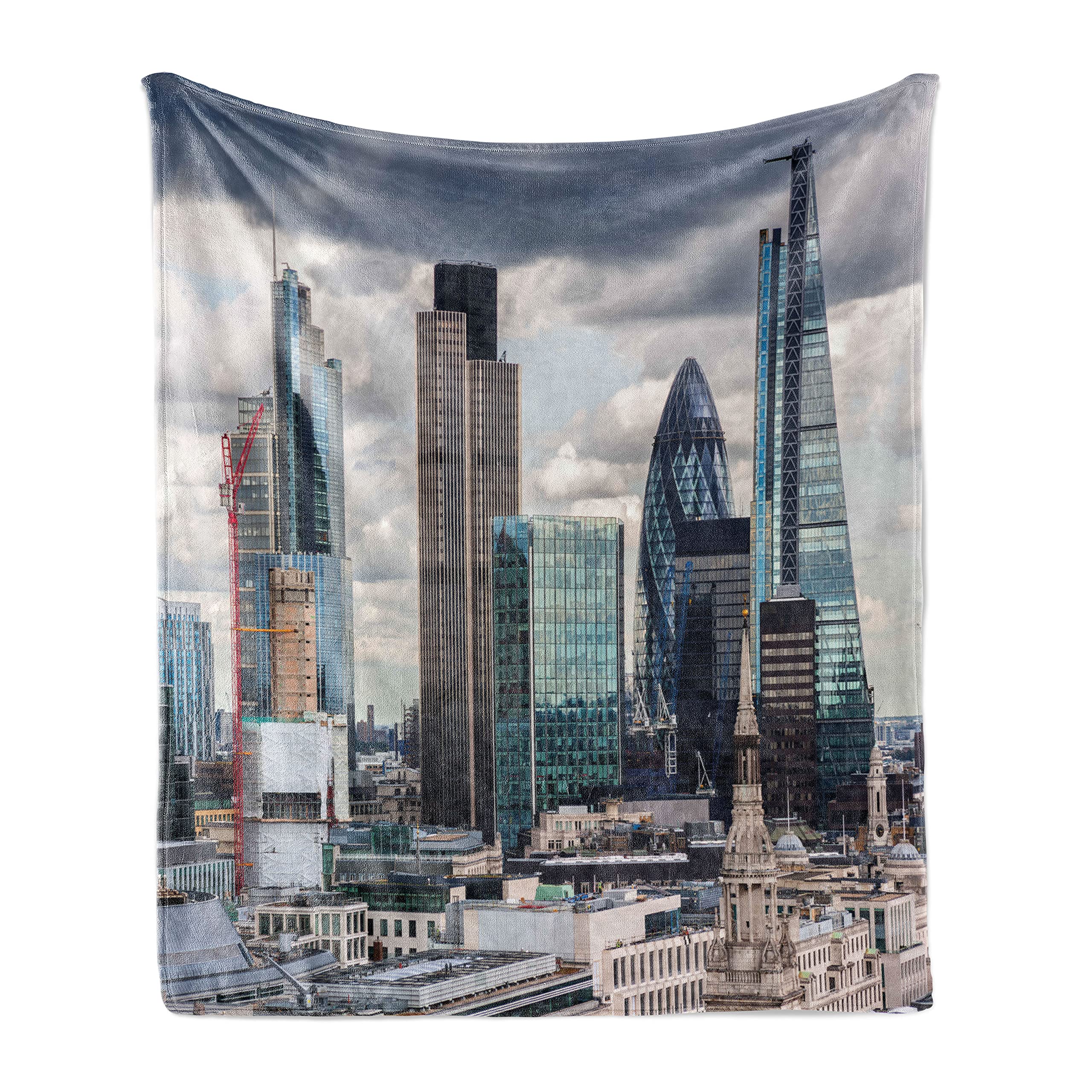 Ambesonne Urban Throw Blanket, London England Skyline Buildings and Skyscrapers and Cloudy Sky Modern Capital City, Flannel Fleece Accent Piece Soft