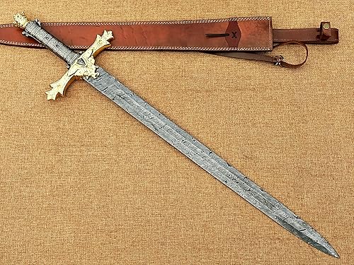 Miniatura 1 de Espada Excalibur de acero de Damasco forjada a mano de 38 pulgadas de largo, réplica de oro, afilada con funda de cuero.