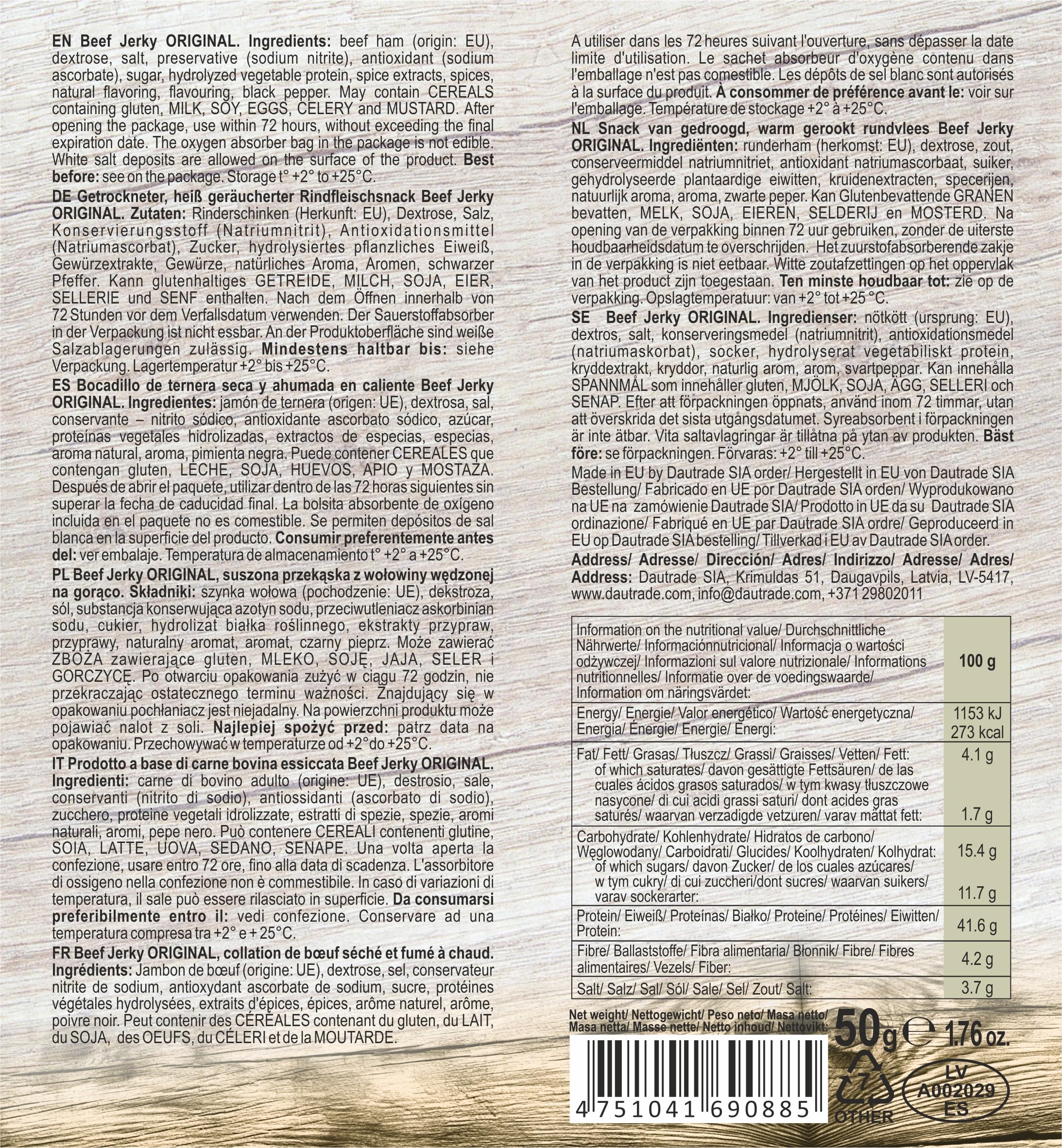 Viking Bites Beef Jerky Original 400 g (8 x 50 g) – Suszona wołowina Oryginalna – Przekąska mięsna o wysokiej zawartości białka