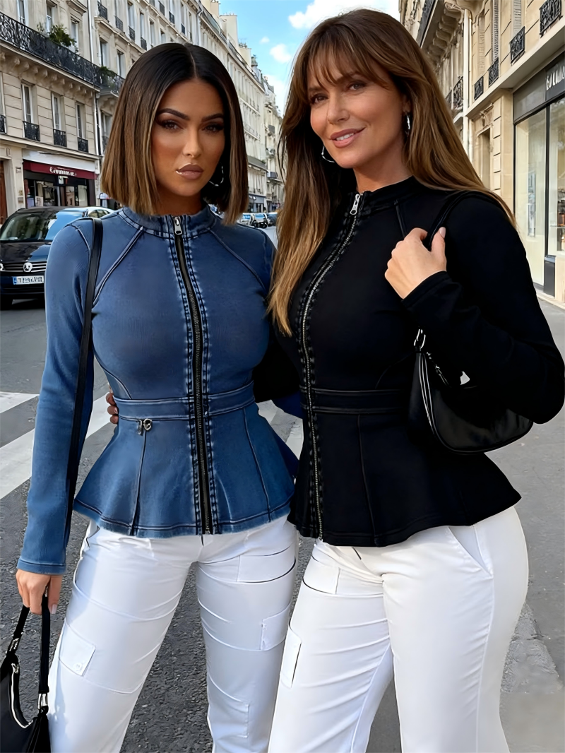 Lynroxia Denim Jacket for Women Long Sleeve Zip Up Peplum Jean