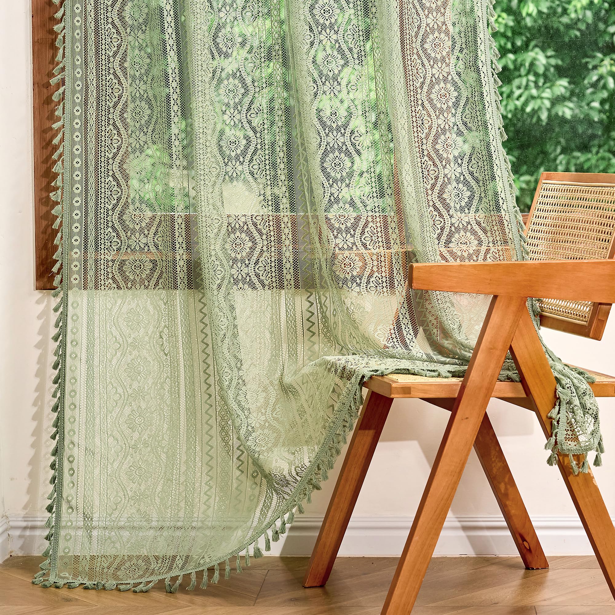 MYSKY HOME Boho Lace Sage Green Sheer Curtains 2 Panels Set 84 inch Long Vintage Floral Crochet Pattern Privacy Rod Pocket Tassels Small Windows Spring Curtains for Living Room Bedroom, 55" W