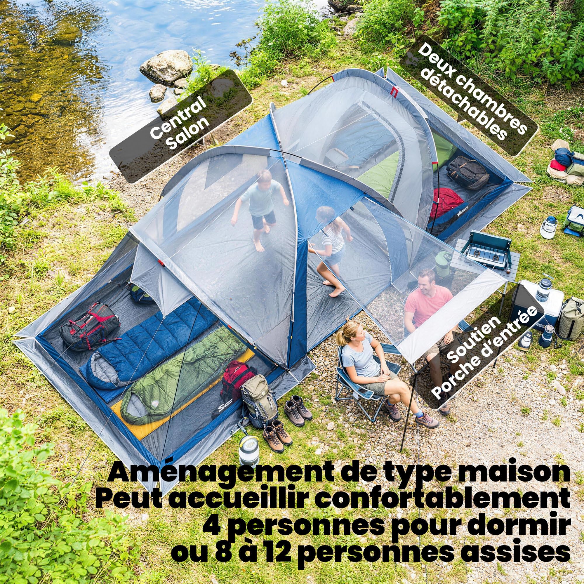 Outsunny - Tienda de campaña con doble capa, túnel familiar para 4-5 personas, grande, con 2 dormitorios y salón para 12 personas, 3000 mm, impermeable, refugio solar con toldo, azul